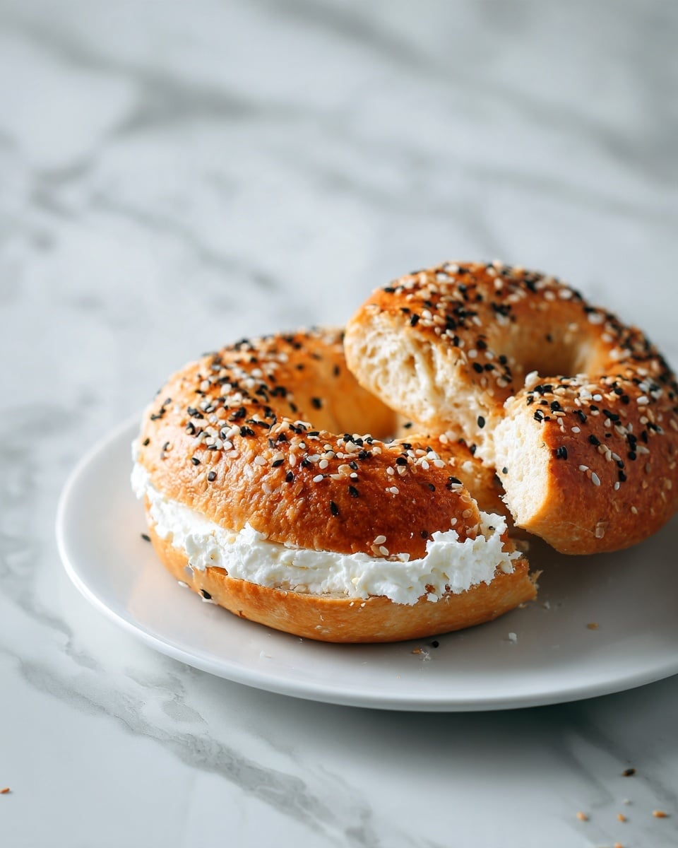 A close-up of a toasted bagel with a shiny, golden-brown crust sprinkled with white and black sesame seeds on top. The bagel is cut open to show one thick layer of soft, fluffy cream cheese filling inside. The bagel sits on a white plate, and the background is a white marbled texture. Photo taken with an iphone --ar 4:5 --v 7