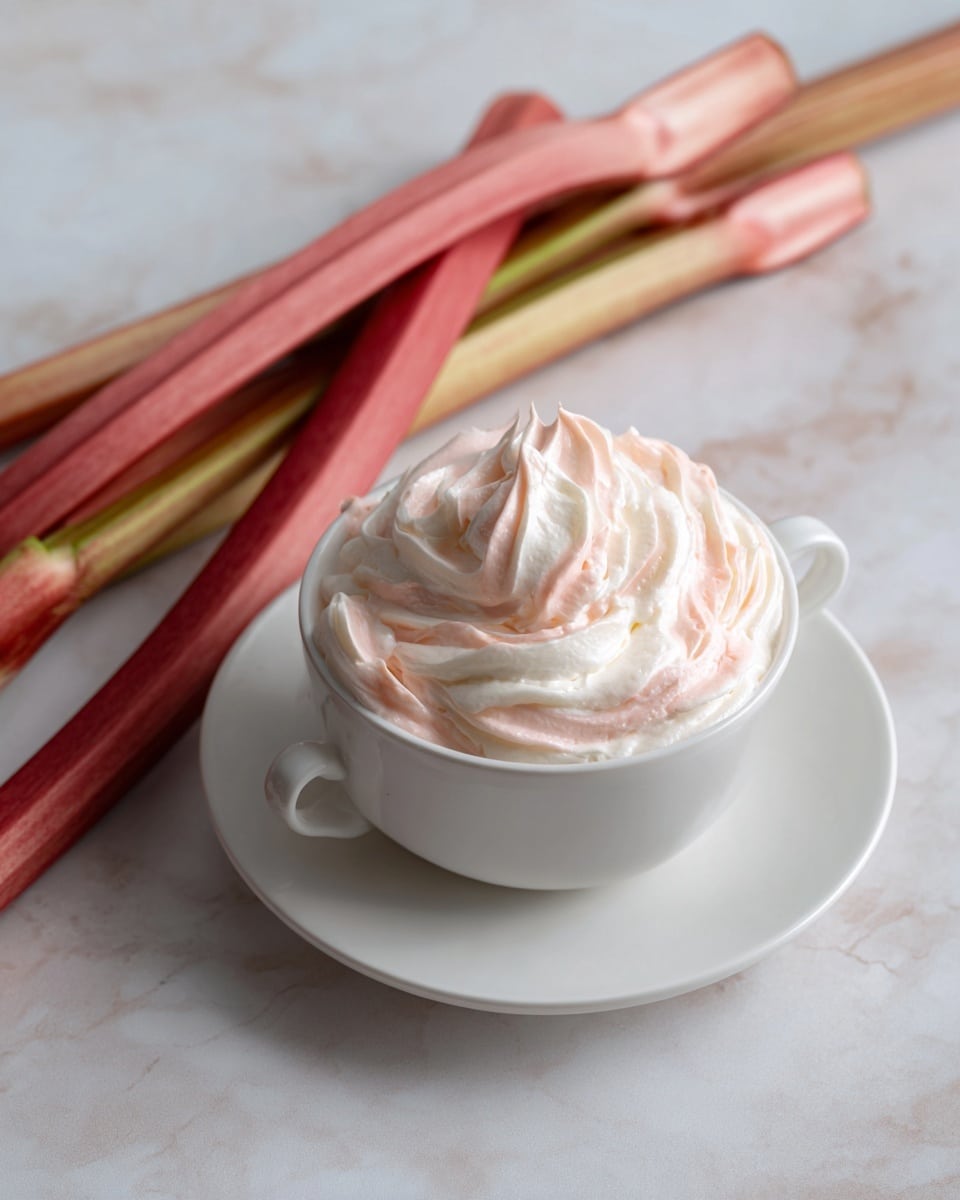 A white bowl filled with fluffy whipped cream that has soft pink swirls mixed through it, giving it a light, airy texture with smooth and slightly uneven peaks. The bowl is placed on a white plate, both resting on a white marbled surface. In the background, fresh red and pink rhubarb stalks lean diagonally against a rustic wooden surface, adding a pop of natural color and contrast behind the creamy dessert. photo taken with an iphone --ar 4:5 --v 7
