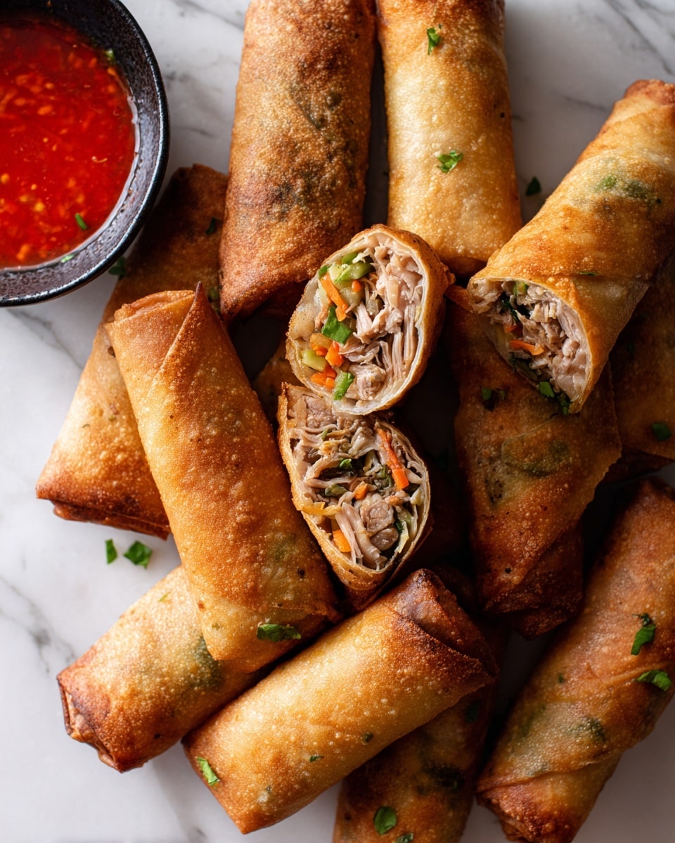 A close-up of golden brown fried spring rolls stacked on a white marbled surface, some whole and some cut in half to show the filling inside, which contains finely chopped pinkish meat mixed with small pieces of orange carrot, green herbs, and other vegetables layered within thin, crispy outer shells. Bright green chopped herbs are sprinkled on top of the spring rolls for garnish, and a small black bowl with red dipping sauce is partially visible on the left side. photo taken with an iphone --ar 4:5 --v 7