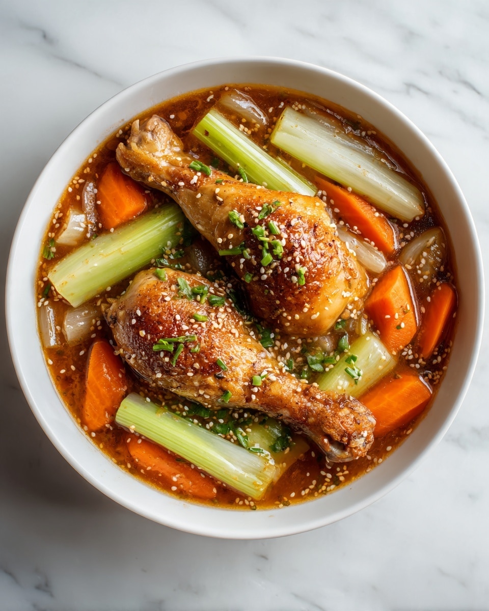 A white bowl filled with a stew that has two chicken drumsticks resting on top with a brown, slightly shiny surface. Below them, there are several light green celery sticks with a fibrous texture and some translucent pieces of light brown onion. Bright orange carrot slices are spread around the bowl, mixed in a thick, reddish-brown broth with visible sesame seeds sprinkled over the dish. The bowl sits on a white marbled surface. Photo taken with an iphone --ar 4:5 --v 7