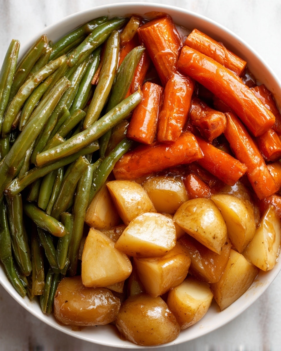 The image shows a slow cooker filled with a cooked vegetable dish featuring three main layers: plump orange baby carrots with a shiny glazed texture, golden brown small potato pieces with a slightly crispy outer look, and soft green beans that appear tender and well-cooked. The vegetables are mixed together, showing a rich, seasoned coating with herbs spread evenly. The inside of the slow cooker is black, creating a strong contrast that makes the colors of the vegetables stand out. The photo taken with an iphone --ar 4:5 --v 7