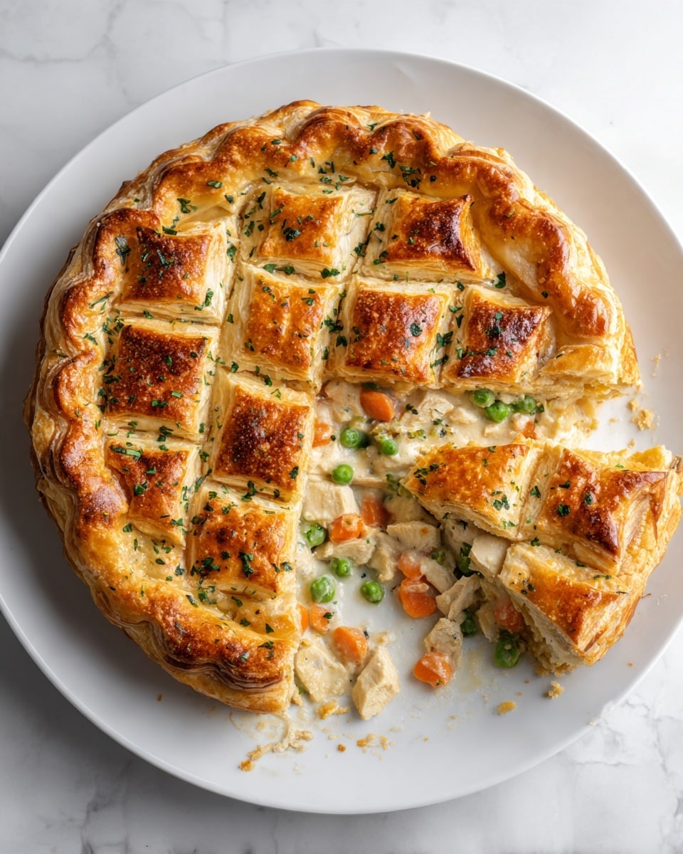 A round chicken pot pie with a golden-brown, flaky crust on top. The crust is thick and puffed with visible layers, some squares slightly raised. A wedge is cut out to show the creamy inside filled with chunks of white chicken, bright orange carrots, light green peas, and whole pearl onions all mixed in a rich, thick sauce. The pie is on a plain white plate, garnished with chopped green herbs around the edge. The background is a white marbled surface. A woman's hand holds a silver fork near the pie. Photo taken with an iphone --ar 4:5 --v 7
