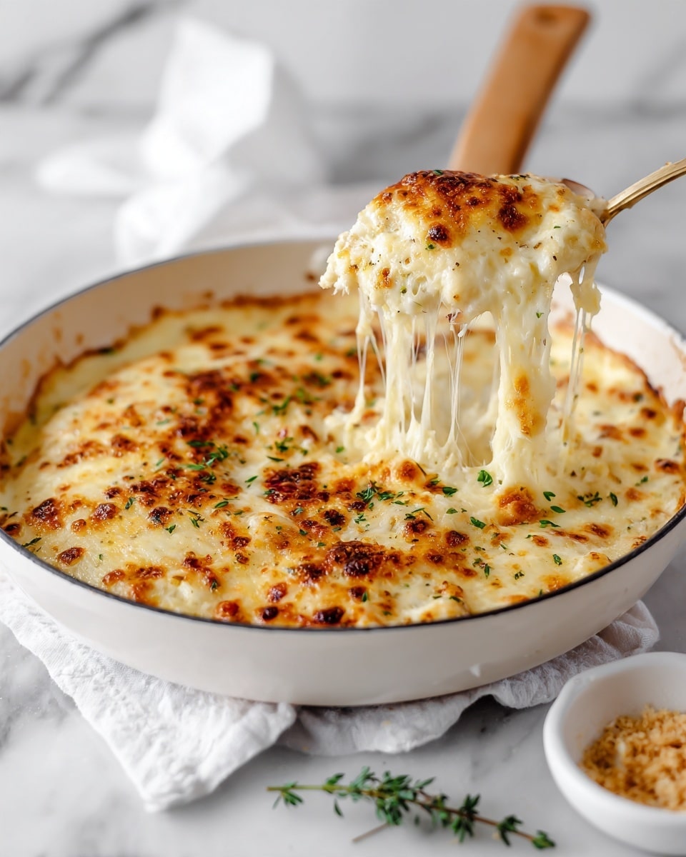 A white cast iron skillet filled with a thick layer of golden melted cheese on top, featuring many small browned spots indicating a baked cheesy crust. A woman’s hand is holding a spoon lifting a large scoop of the cheesy dish, showing strings of gooey melted cheese stretching between the skillet and the spoon. The skillet is placed on a white cloth on a white marbled surface. In front of the skillet, there is a small white bowl filled with a golden crumbly mixture. Photo taken with an iphone --ar 4:5 --v 7
