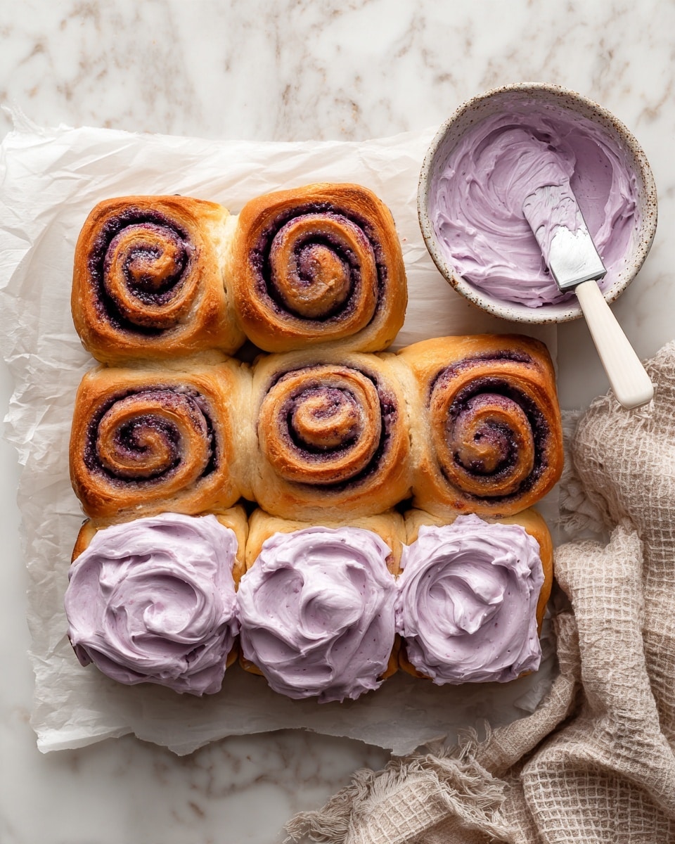 A group of nine cinnamon rolls arranged in a 3x3 grid on white parchment paper on a white marbled surface. The cinnamon rolls have a dark purple filling swirled inside golden brown dough. Three of the rolls in the top left corner, bottom left corner, and middle right have thick layers of light purple frosting with visible darker specks spread thickly on top, showing soft and creamy texture. On the right side, a small rustic white bowl holds more of the light purple frosting, and a white spatula with purple frosting rests beside the rolls. A beige textured cloth lies in the bottom right corner, adding softness to the scene. Photo taken with an iphone --ar 4:5 --v 7