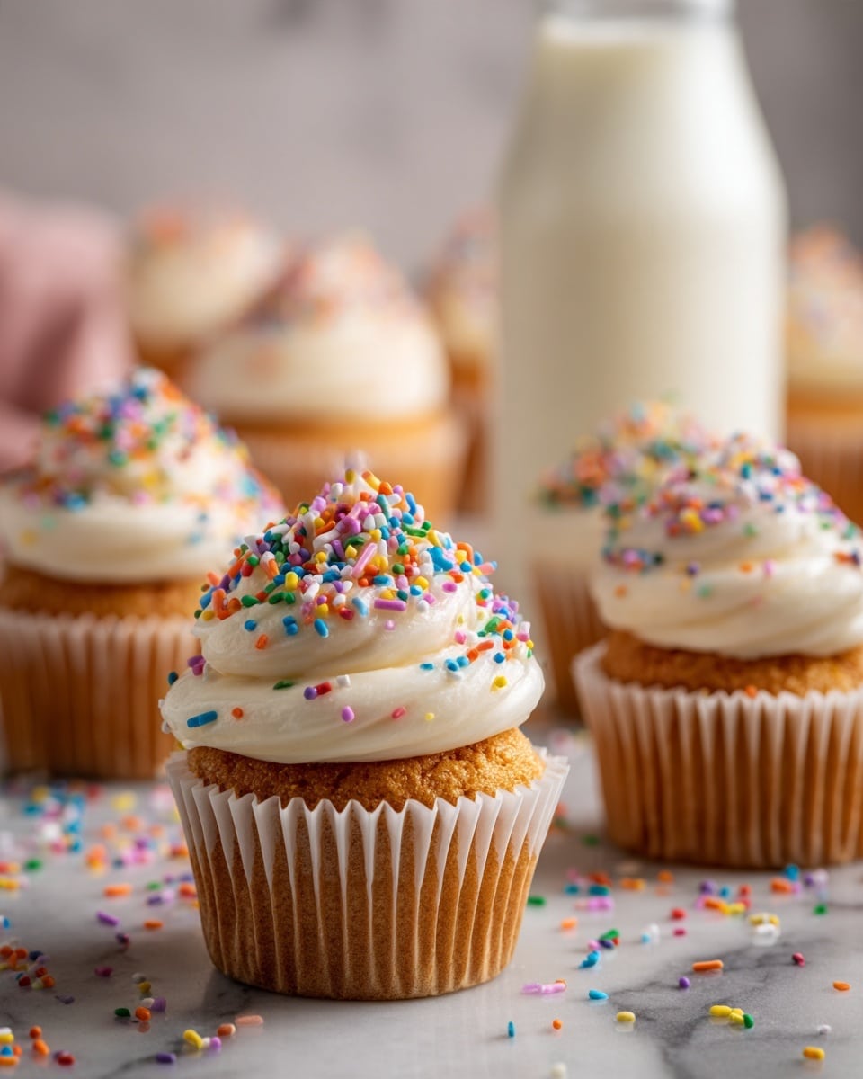 The image shows several cupcakes arranged closely together on a white marbled surface. Each cupcake has a light, golden-brown base with a smooth wrapper and is topped with a thick layer of white frosting fully covered with colorful sprinkles. The sprinkles create a bright and textured top layer with small dots of red, yellow, green, blue, and pink. Some sprinkles are scattered on the marbled surface around the cupcakes. Soft natural light creates gentle shadows, highlighting the cupcakes' round shape and textured tops. Photo taken with an iphone --ar 4:5 --v 7