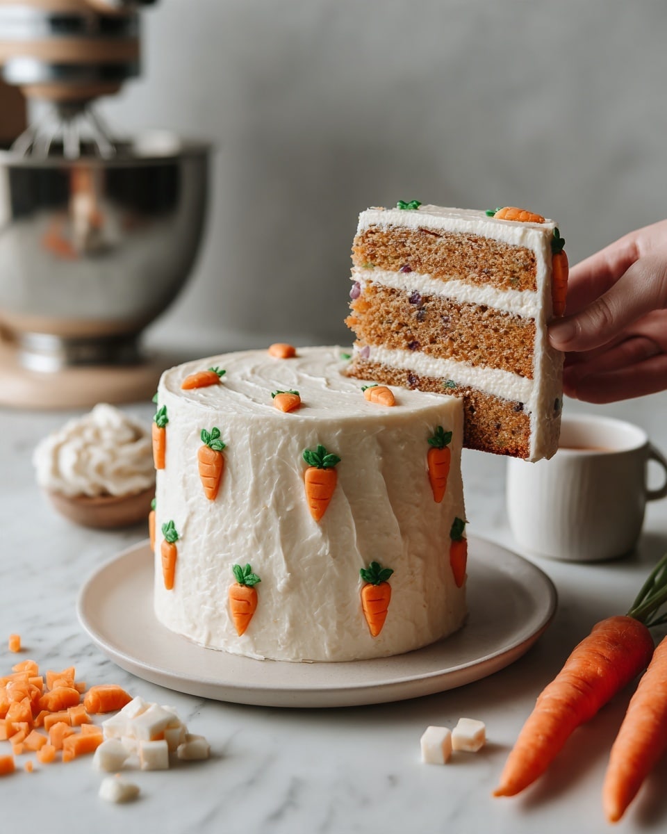 A tall cake with three layers is shown, each layer has light brown color with visible pieces of carrots and nuts inside. The outside frosting is smooth and creamy white, decorated with small orange carrots made of icing, with green leaves on top and around the sides of the cake. A slice of the cake is lifted by a woman's hand, showing the thick layers clearly. The cake is on a white plate, sitting on a white marbled surface with some fresh carrots and a few chopped nuts beside it. In the background, there is a metal mixer bowl and a white jar. Photo taken with an iphone --ar 4:5 --v 7