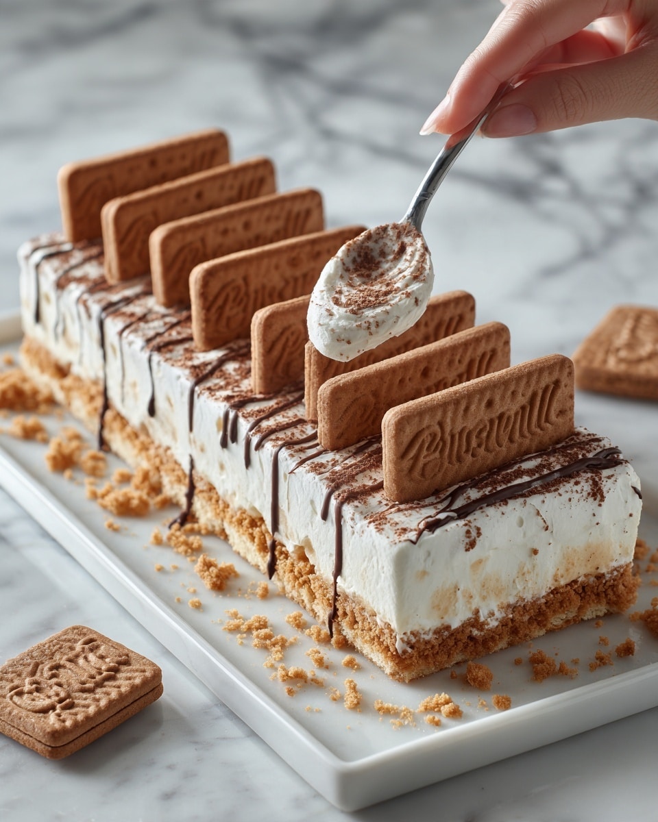 A white rectangular tray filled with layered dessert featuring thick swirls of creamy white and light brown layers. On top, several rectangular brown biscuits with the word