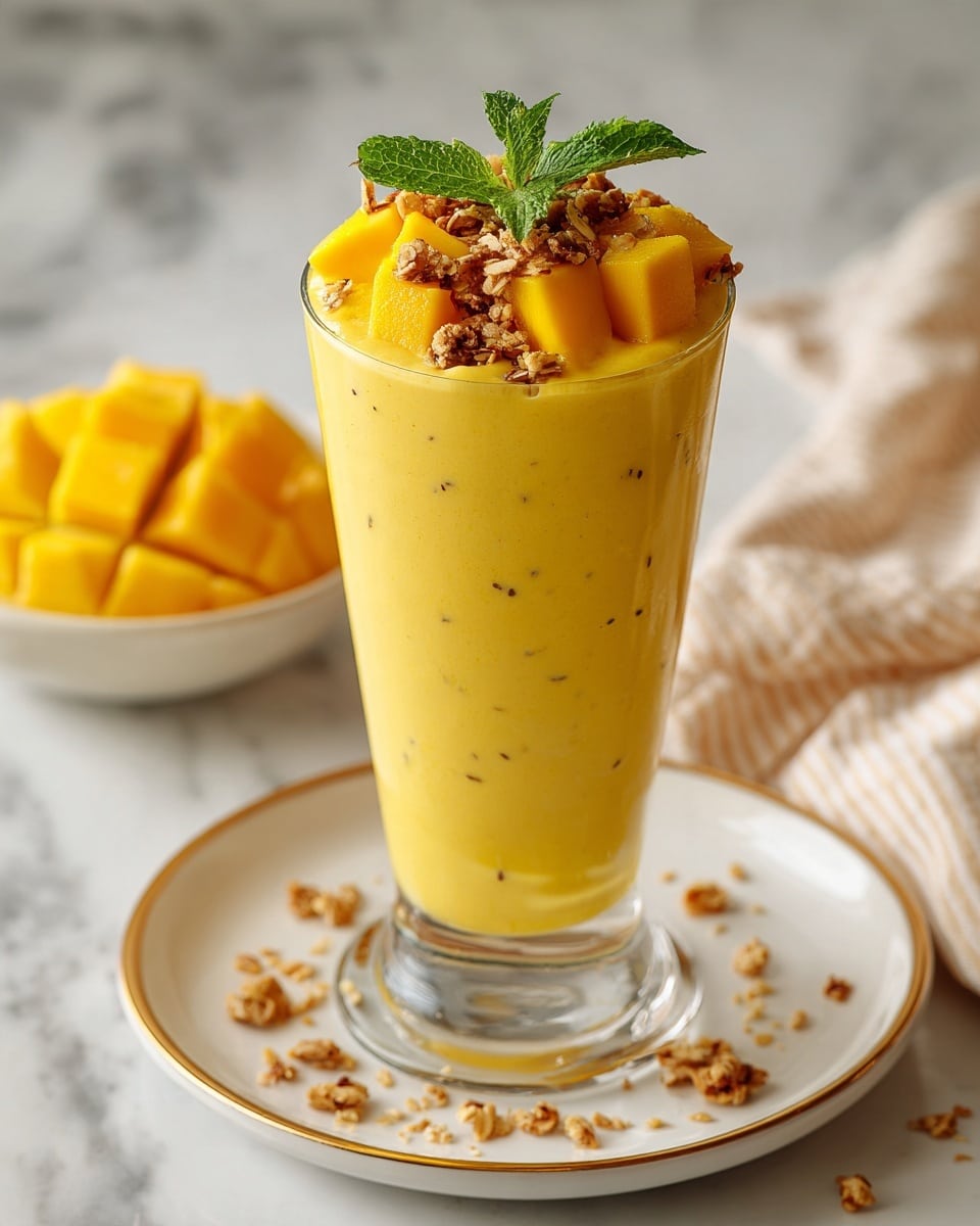 A tall clear glass filled with thick, bright yellow mango smoothie, showing tiny black seeds or specks mixed inside, topped with a smooth slice of fresh mango and sprinkled with granola or seeds, finished with a small green mint leaf upright at the center. The glass is placed on a white square plate with scattered granola pieces around its base, all set on a white marbled surface, with a blurred background showing a white bowl filled with cubed mango pieces. Photo taken with an iphone --ar 4:5 --v 7