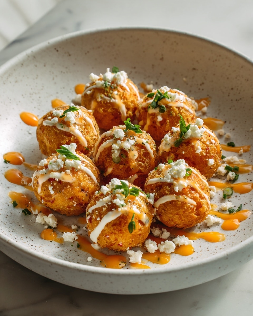 A bowl filled with about 15 round, golden-brown fried balls with a slightly crispy texture, each covered with two different sauces: one is a smooth white sauce and the other is a bright orange sauce. The balls are garnished with small pieces of white crumbly cheese, finely chopped green chives, and small sprigs of fresh dill. The bowl is white with a speckled pattern, placed on a white marbled surface. Photo taken with an iphone --ar 4:5 --v 7