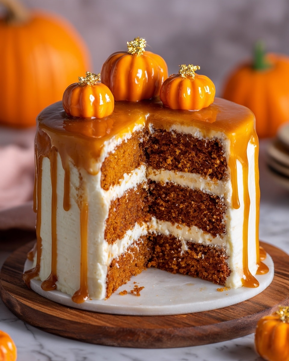The image shows a tall, multi-layered pumpkin cake with four visible layers of moist, dark orange cake separated by thick white cream layers and some brown caramel-like filling. The cake is topped with thick, shiny caramel sauce dripping down the sides. On top of the cake are three small, detailed orange pumpkin decorations with golden stems. The cake is on a round wooden board, on a white marbled texture surface, with blurred white and orange pumpkin decorations in the background. photo taken with an iphone --ar 4:5 --v 7