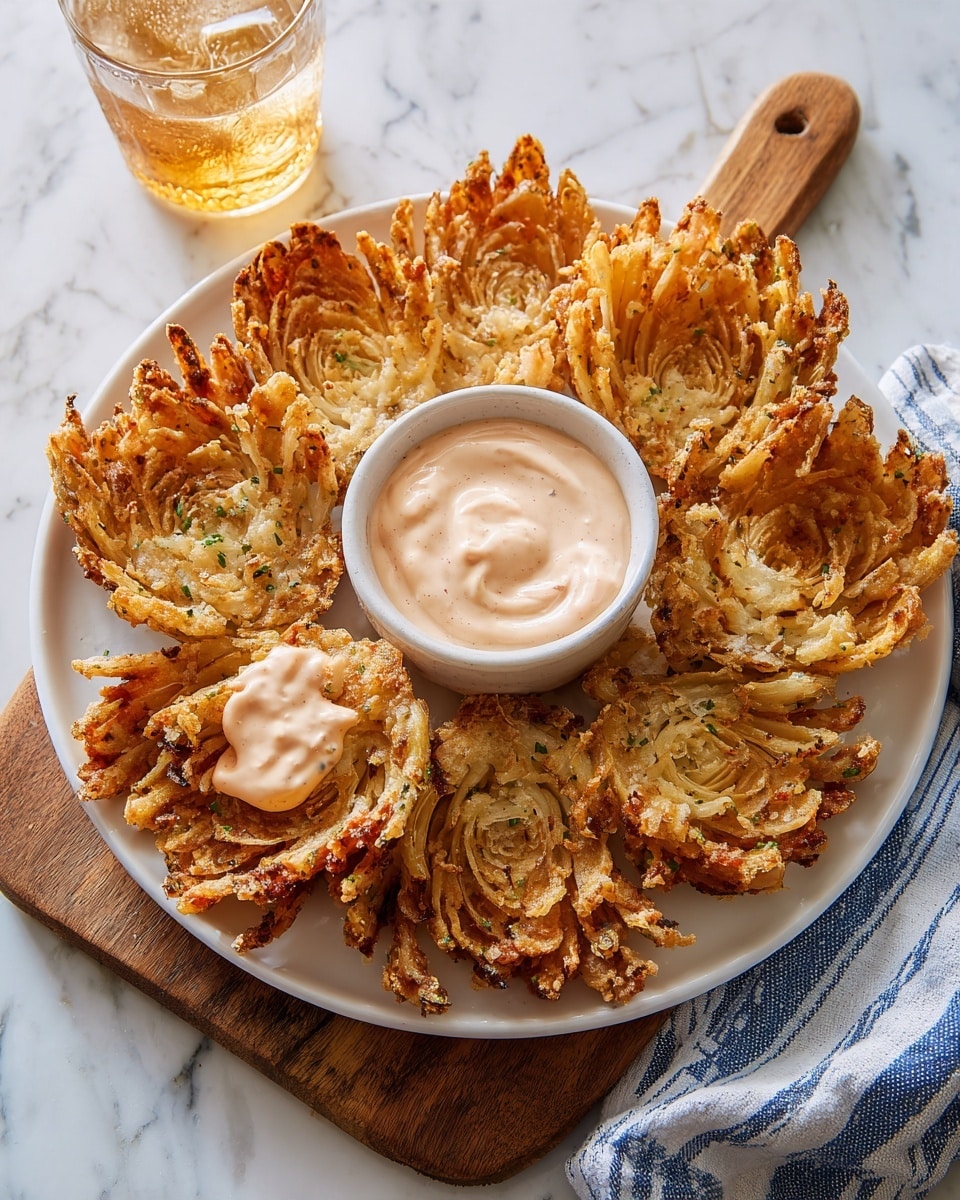 A large white plate holds one large blooming onion, with multiple orange-brown crispy fried layers fanning outward and upward, showing their textured, crunchy coating. The layers are split into thick, curved segments piled close together in a circular shape. The plate sits on a wooden board with a bowl of light pink creamy dipping sauce topped with a piece of fried onion on the side. A striped blue and white cloth is nearby on a white marbled surface. Photo taken with an iphone --ar 4:5 --v 7