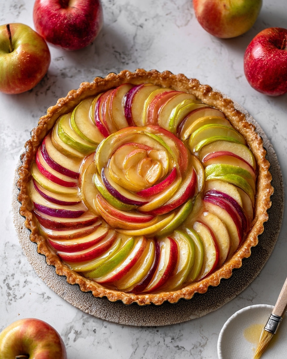 A round tart with a golden brown, fluted crust sits on a textured mat over a white marbled surface. Inside, thin slices of apples in red, green, and yellow shades are arranged in a layered spiral pattern that overlaps gently from the outer edge toward the center, with a glossy glaze brushing over them, making the colors shine. Nearby are whole apples and a brush with glaze on a white dish. Photo taken with an iphone --ar 4:5 --v 7