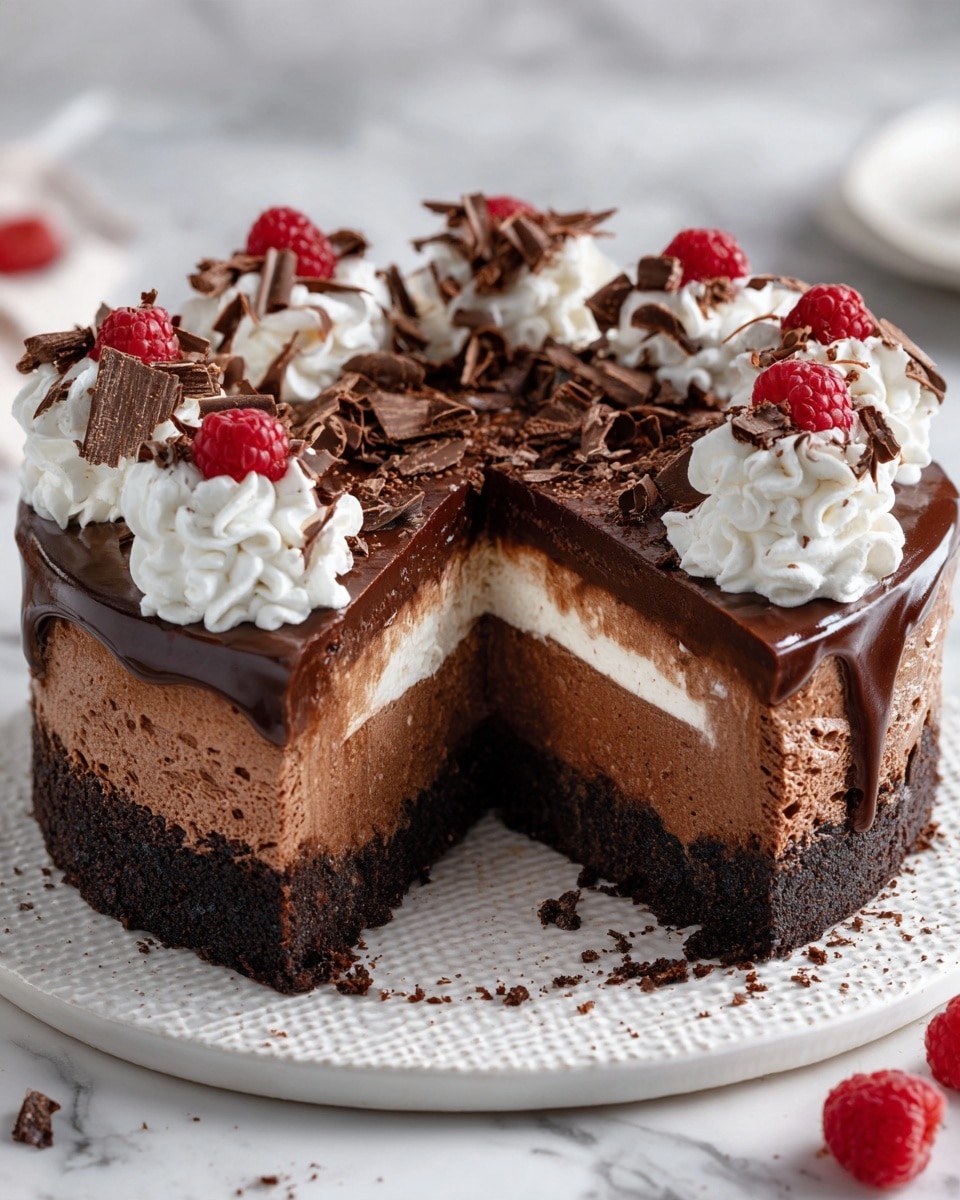 The image shows a chocolate mousse cake with three clear layers on a white plate. The bottom layer is a dark, crumbly chocolate crust. The middle layer is thick and light brown, with a smooth, soft mousse texture. The top layer is a shiny, dark chocolate ganache with textured swirls and curls. On top, there are alternating dollops of white whipped cream sprinkled with dark chocolate shavings and bright red raspberries placed around the edge. A slice is cut out, showing the clean edges of the mousse inside. The background is a white marbled texture with blurred kitchen items. Photo taken with an iphone --ar 4:5 --v 7