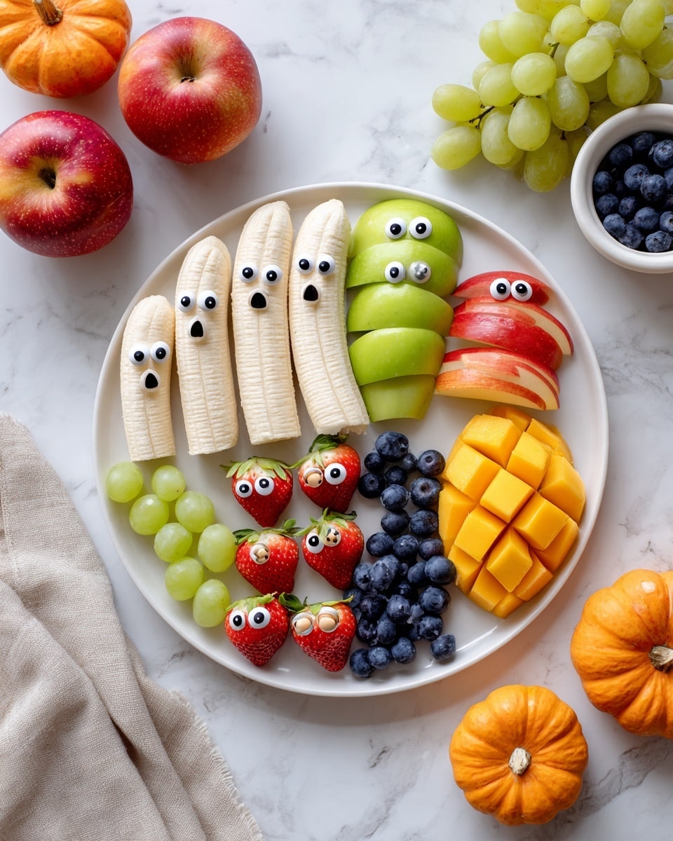 A white plate on a white marbled surface holds a colorful fruit arrangement with Halloween-themed designs. Starting from the left, there are five peeled bananas standing upright with two small white candy eyes and small dark spots for mouths, resembling ghosts. Next to the bananas are four slices of green apple with strawberry slices inside cut to look like mouths, edged with small peanut halves as teeth, plus two candy eyes on top to make monster faces. To the right, three red apple slices are arranged similarly as monsters with strawberries and peanut teeth, also with candy eyes. Below is a cluster of blueberries and small candy eyes scattered around. On the upper right side, two sliced mango halves are cut in a grid pattern with candy eyes on some pieces to look like monsters. Near the mango are six fresh strawberries drizzled with light peanut butter lines and adorned with candy eyes, resembling mummies. At the bottom right, green grape halves with candy eyes scattered on them. The lower center shows five small peeled clementines arranged like mini pumpkins with green stem caps. The plate is surrounded by whole red and green apples, a few small decorative pumpkins, some loose blueberries in white bowls, a beige cloth napkin on the right, and bunches of bananas in the lower right corner. Photo taken with an iphone --ar 4:5 --v 7
