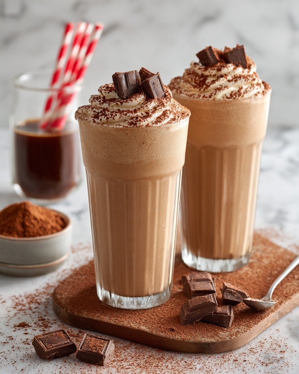Two clear glasses filled with a thick, smooth chocolate milkshake, each topped with a generous swirl of light brown whipped cream mixed with chocolate, dusted with fine cocoa powder, and decorated with chunks of dark chocolate placed on top. The glasses sit on a wooden board scattered with cocoa powder and chocolate pieces. In the background, there is a clear glass filled with dark chocolate milk and two red and white striped paper straws, plus a white bowl filled with cocoa powder and a small metal dish holding a spoon of melted chocolate, all set on a white marbled surface. photo taken with an iphone --ar 4:5 --v 7