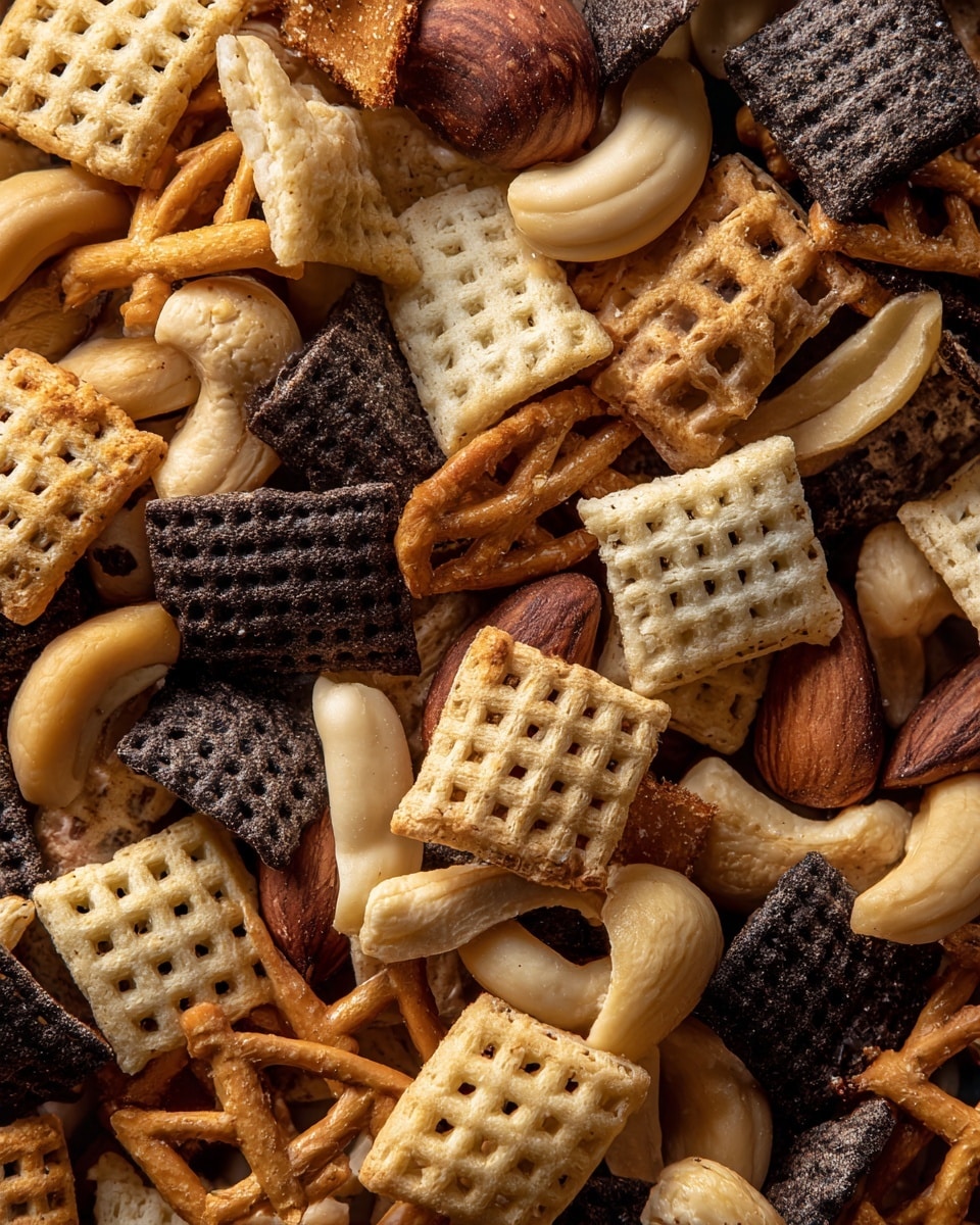 A close-up image of a snack mix showing three main types of crunchy pieces. The bottom layer consists of brown, square pretzel shapes with a grid pattern and a smooth surface. Scattered on top are small, golden-yellow, cone-shaped pieces with a bumpy texture. Intermixed are dark brown, irregularly shaped chocolate-covered squares with a rough surface. The snack pieces are tightly packed together, filling the entire frame, set on a white marbled texture. photo taken with an iphone --ar 4:5 --v 7