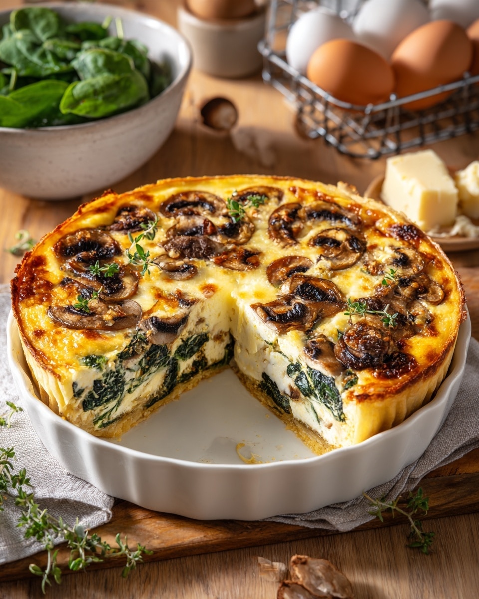 A round quiche in a white deep dish has a golden-browned top layer with melted cheese, scattered cooked mushroom slices, and green spinach leaves. The dish has been sliced with one triangular piece missing, revealing the inside filled with a creamy mixture that is pale yellow with abundant green spinach. The white deep dish sits on a light wooden table with a white marbled texture in the background. Near the dish, there is a block of yellow cheese on a cloth next to a vintage knife, a bowl of fresh green spinach leaves, a basket with brown and white eggs, and fresh green herbs nearby. Photo taken with an iphone --ar 4:5 --v 7