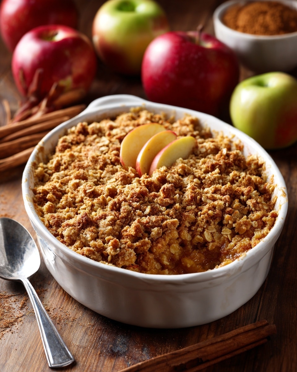 A white speckled baking dish filled with a dense, crumbly, golden-brown streusel topping covering a soft baked apple layer beneath, with a couple of apple slices peeking out on one side; the dish is set on a wooden surface surrounded by red and green apples and a small bowl of cinnamon sticks in the background. Photo taken with an iphone --ar 4:5 --v 7