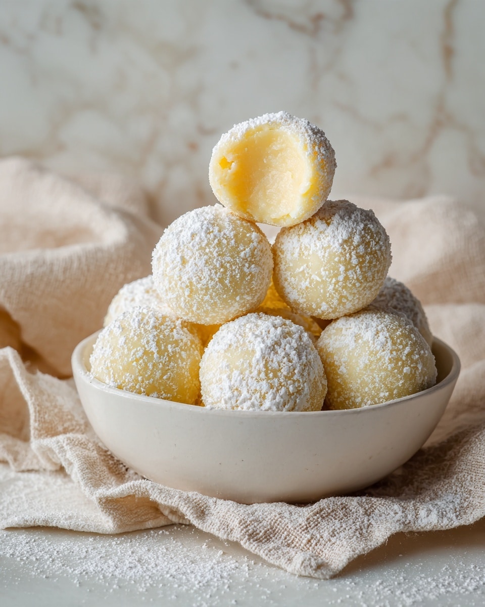 A small blue bowl filled with round yellow balls dusted with white powder stacked in a pyramid shape, with one ball at the top broken open showing a soft, crumbly inside. The bowl sits on a light beige cloth on a white marbled surface. The powder looks like powdered sugar covering the yellow textured sweets lightly. photo taken with an iphone --ar 4:5 --v 7