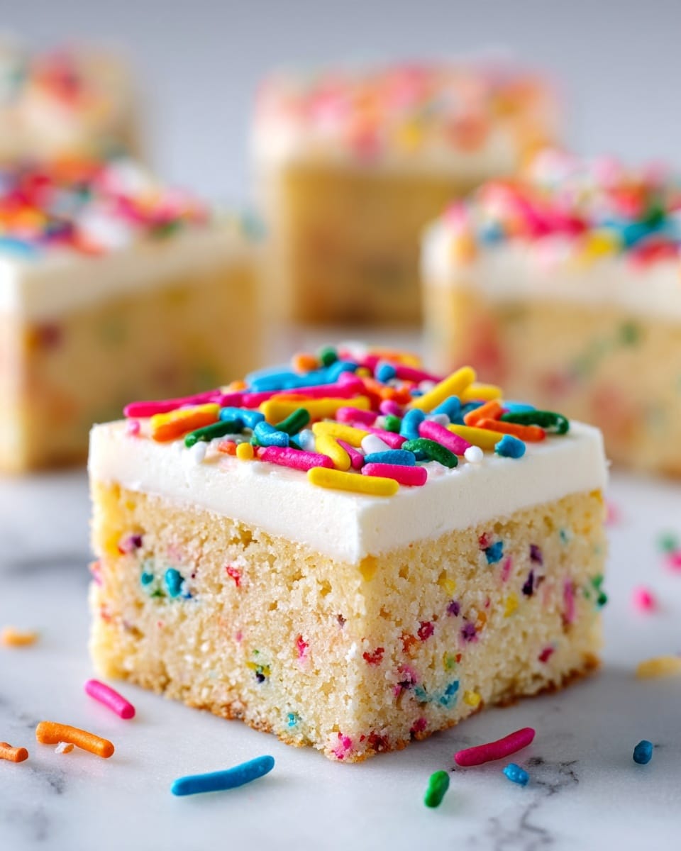 The image shows a close-up of square cake pieces placed on a white marbled surface. Each piece has two main layers: the bottom layer is a dense, light golden cake studded with colorful sprinkles inside, and the top layer is a thick, smooth white frosting covered with various bright, thin sprinkles. The cake texture looks soft and moist with visible crumbs, while the frosting is creamy and evenly spread. Scattered sprinkles also lie on the marbled surface around the cake squares. Photo taken with an iphone --ar 4:5 --v 7