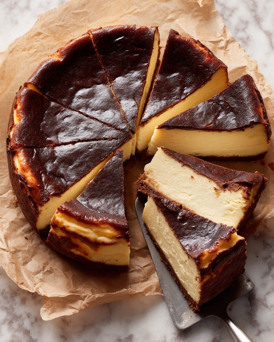 A round cheesecake with a very dark brown, almost black, burnt top layer, cracked slightly in places, sits on crumpled brown parchment paper. The cheesecake has a thick, creamy yellow middle layer that is smooth in texture, visible where three triangular slices have been cut out and slightly lifted. Beneath the cheesecake, the edges show a light golden crust that is thin and uneven. A white-handled metal spatula with some crumbs rests nearby on a white marbled surface. Photo taken with an iphone --ar 4:5 --v 7