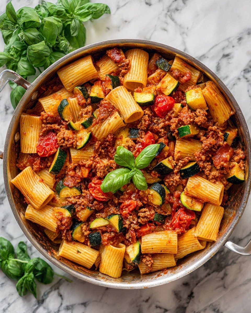 The image shows a round metal pan filled with rigatoni pasta mixed with bright red cherry tomatoes, green zucchini chunks, and browned ground meat. The rigatoni pasta is pale yellow and tubular, forming the base layer, while the cherry tomatoes are scattered throughout and appear juicy with soft skins. The zucchini pieces are cut into thick slices with dark green skin and light green inside, mixed evenly. The browned ground meat adds a textured, crumbly layer that contrasts with the smooth vegetables and pasta. Fresh green basil leaves are placed on top for a touch of color. The pan is set on a white marbled surface with a small bunch of basil leaves nearby. Photo taken with an iphone --ar 4:5 --v 7