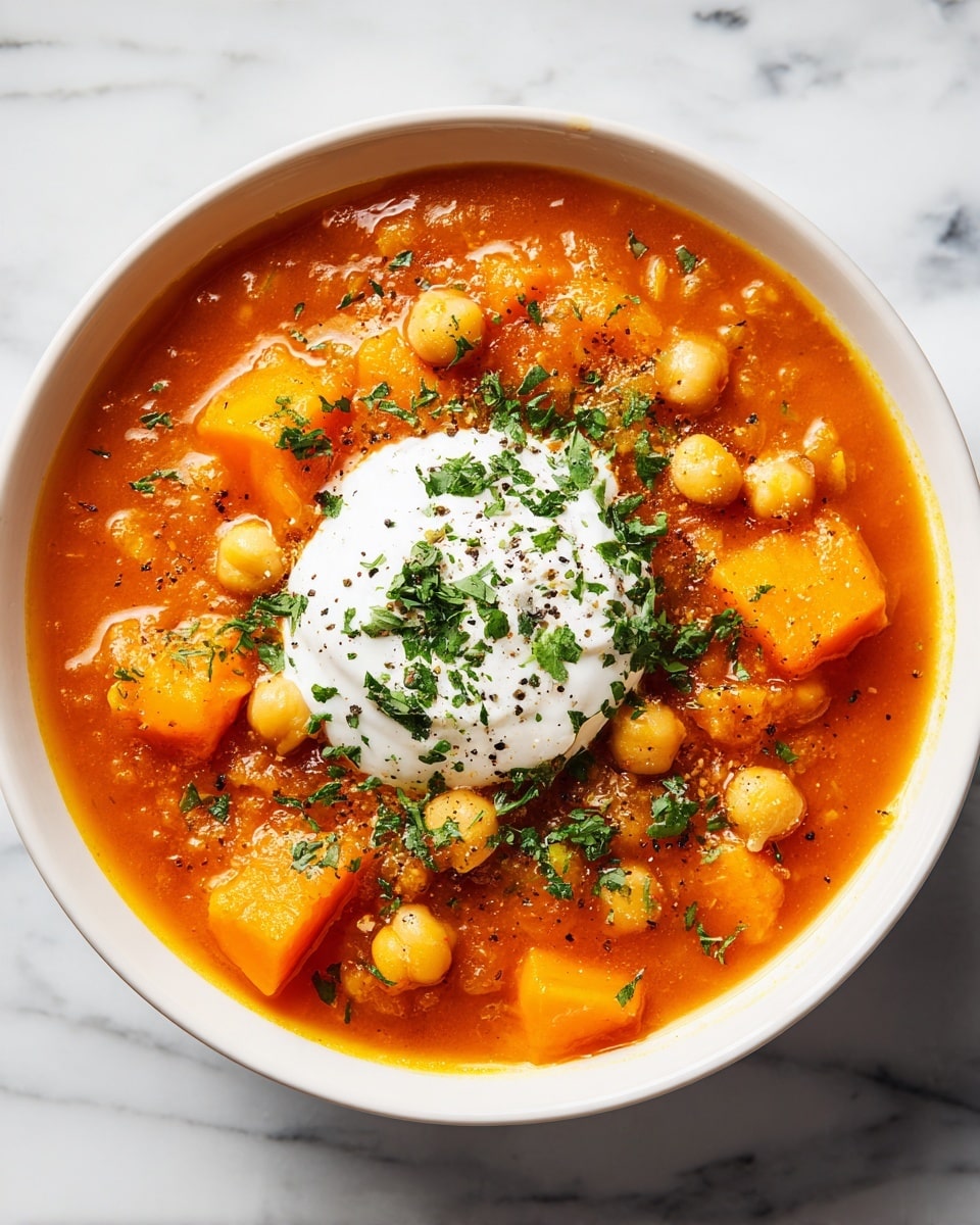 A white bowl filled with a warm orange stew made of chickpeas and orange chunks, with a creamy white dollop of yogurt or sour cream placed in the center on top. Fresh green chopped herbs are sprinkled over the creamy topping and some stew around it, adding contrast. The bowl is set on a white marbled surface, giving a clean and bright look. Photo taken with an iphone --ar 4:5 --v 7