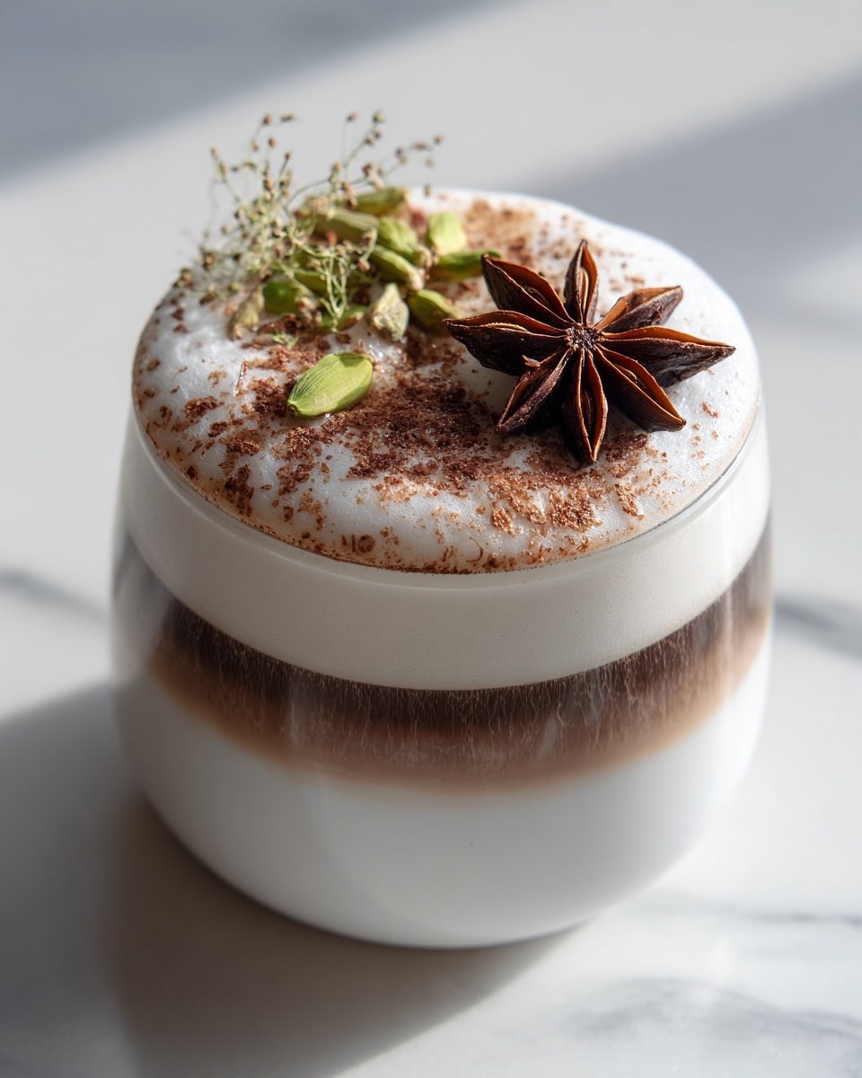 The image shows a white cup filled with a creamy drink that has three layers. The bottom layer is a dark brown liquid, smooth and shiny. Above it is a thick, white frothy foam layer that covers the drink. On top of the foam, there are thin, pale almond slices scattered in the center, surrounded by a dusting of light brown powder which looks like cinnamon. Two green cardamom pods rest on the foam near the almonds, and a dark brown star anise sits on the edge of the cup. The cup is placed on a white marbled surface with soft light shining from one side. Photo taken with an iphone --ar 4:5 --v 7