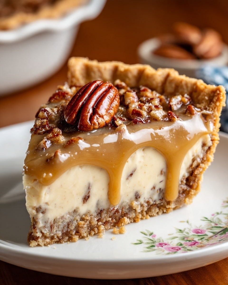 A single slice of pie is shown on a white plate with a light floral pattern. The bottom layer is a thick, golden brown crust with a crumbly texture. Above the crust is a creamy, light beige layer mixed with small pieces of pecans. The top layer is a smooth, shiny caramel glaze that covers the pie fully and drips slightly over the edge. Sprinkled on top are small crunchy pecan pieces along with one whole pecan in the center. The background features a warm wooden surface with a bowl of pecans out of focus behind the plate. Photo taken with an iphone --ar 4:5 --v 7