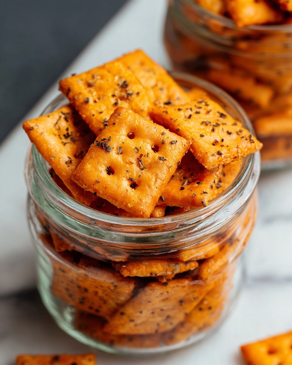 A clear glass jar is filled with crunchy, orange square crackers that have tiny holes and black seasoning specks, mixed with thin stick-shaped snacks at the bottom. The jar is open, and the surface is a white marbled texture. In the background, there is a blurred second jar filled with the same snacks. The lighting highlights the texture and color of the snacks vividly. photo taken with an iphone --ar 4:5 --v 7