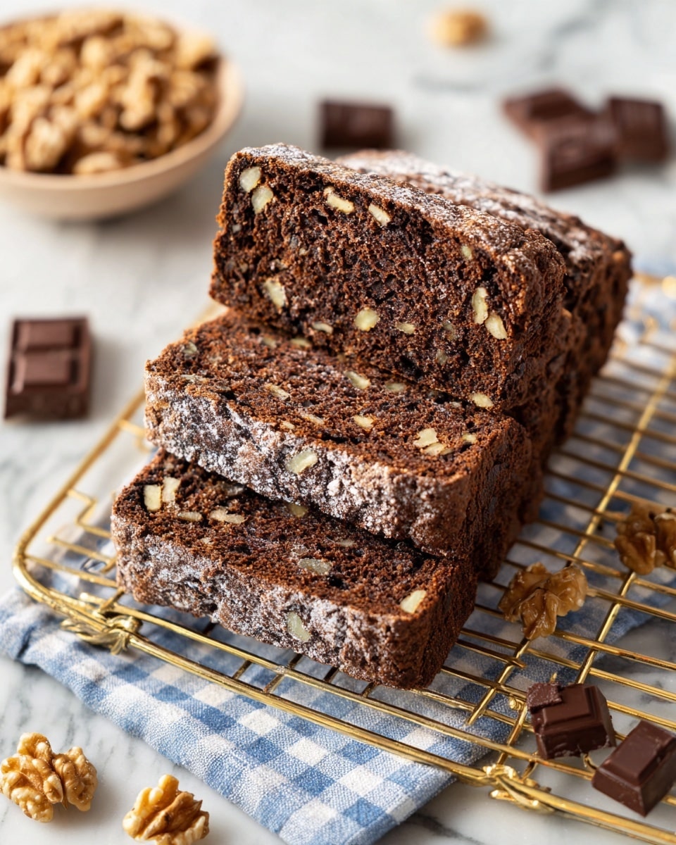 The image shows several thick slices of dark brown chocolate bread with a textured crust, scattered with visible walnut pieces inside, laid over a gold cooling rack; the bread has a rough, airy interior with nuts embedded. Around the bread slices, there are small chunks of chocolate and walnut pieces placed on a white marbled surface. In the lower right corner, part of the unsliced loaf is visible with a dusting of white flour on the crust, next to a folded blue and white checkered cloth. The photo is captured from above, highlighting the rich texture and details of the bread and ingredients. photo taken with an iphone --ar 4:5 --v 7