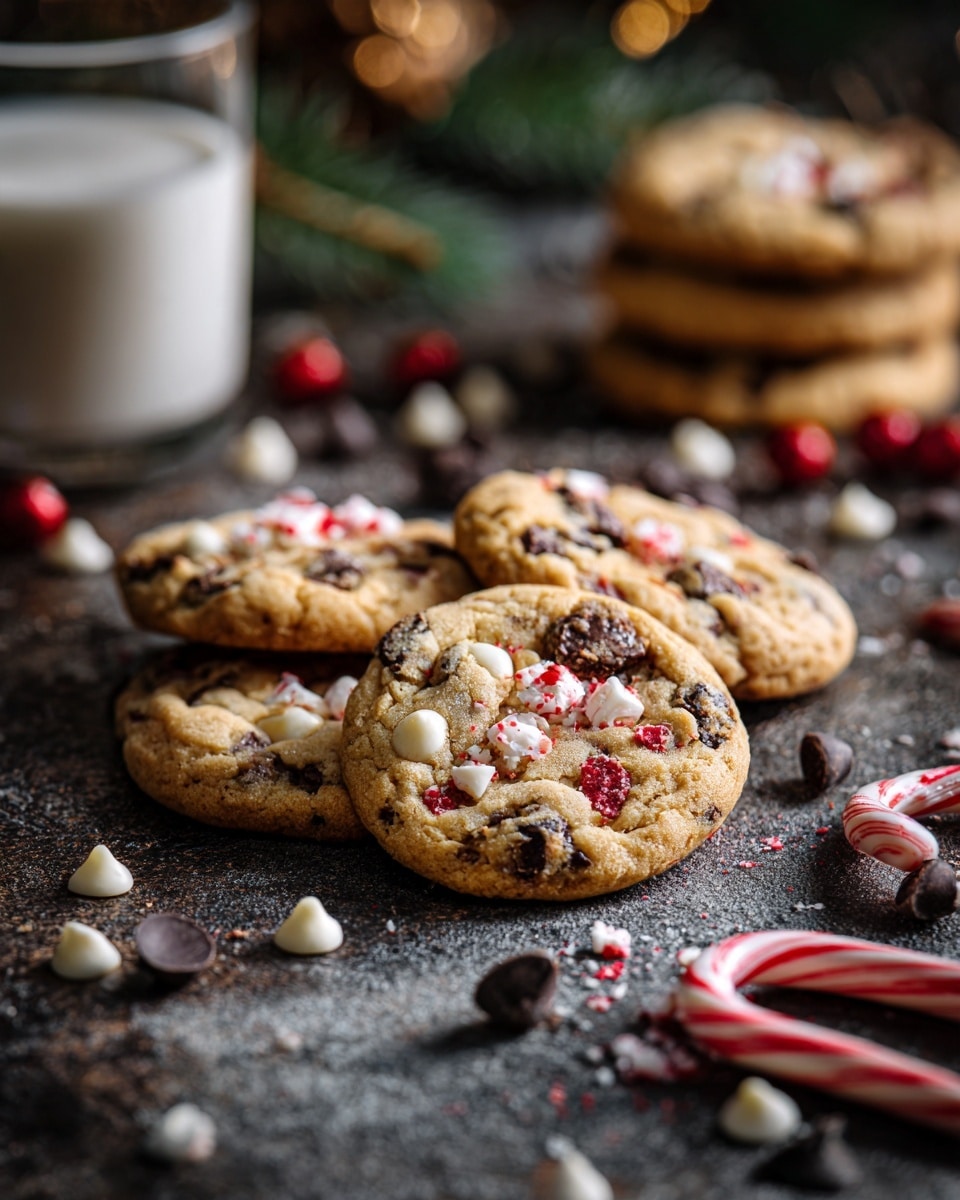 In the image, there is a close-up of a broken cookie in the front with two layers, a light brown outer dough with bits of dark chocolate and white chocolate chips inside. Behind it, there are three more whole cookies lined up in one row with the same texture and toppings. Behind those cookies, there is a stack of three more cookies with the same light brown color. Scattered around the cookies are loose white and dark chocolate chips and two red and white striped candy canes placed on a white marbled textured surface. In the back left corner, a glass of milk is partially visible. The photo looks warm and cozy, with soft lighting focusing on the cookies. Photo taken with an iphone --ar 4:5 --v 7