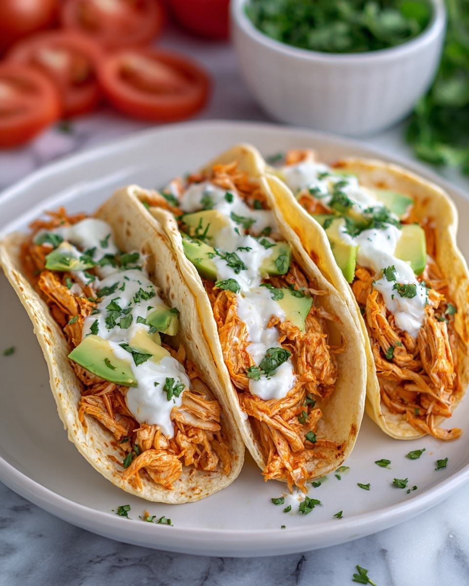 Three soft tortillas are placed side by side on a white plate, each filled with shredded light orange chicken. The chicken is topped with chopped green herbs and white sour cream that is spread unevenly on top. Slices of green avocado add contrast to the colors in each taco. The plate is set on a wooden board with a white marbled surface underneath. The edges of a bowl with greens and a sliced tomato are visible in the background. Photo taken with an iphone --ar 4:5 --v 7
