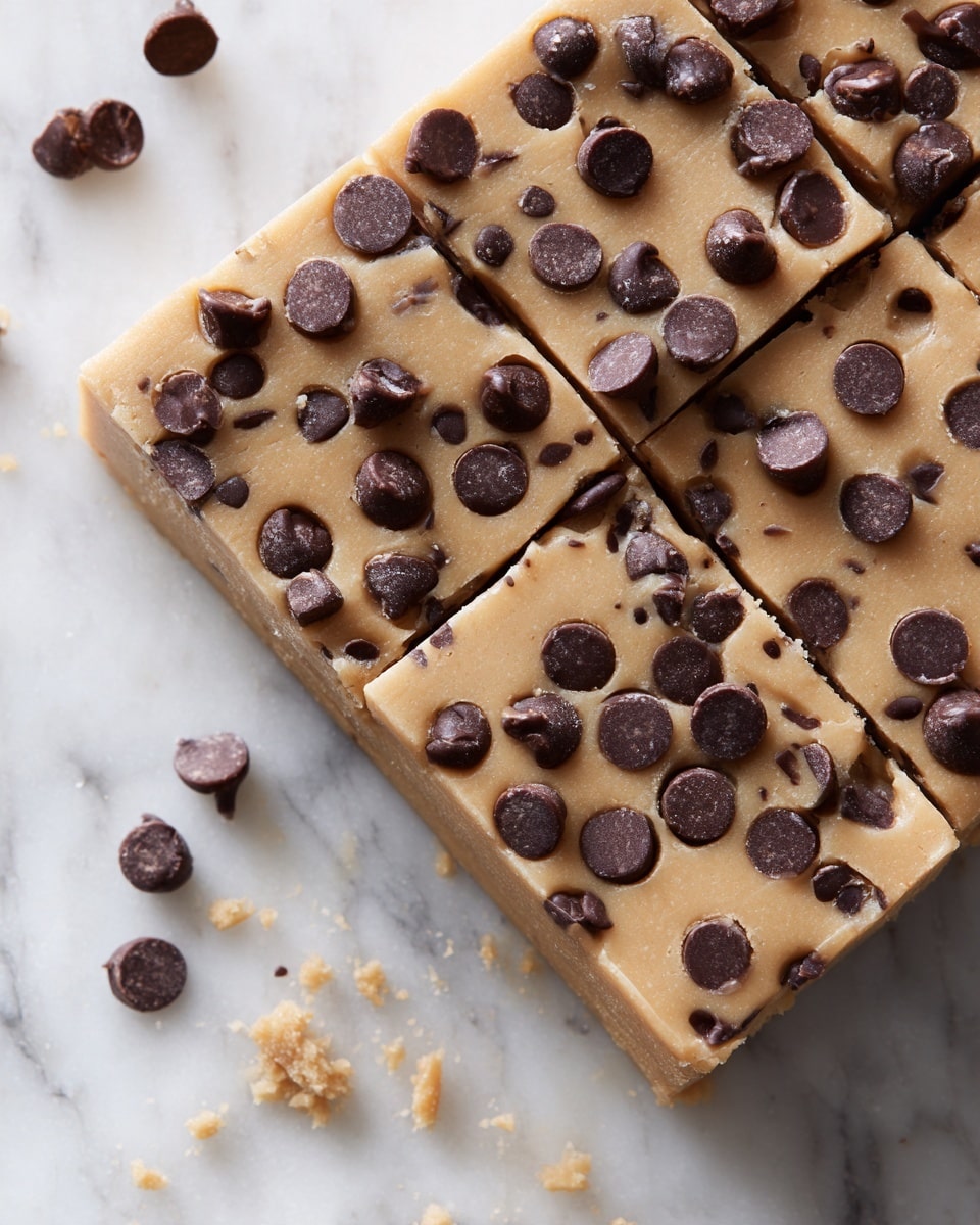 The image shows a close-up of a block of beige-colored fudge with a smooth yet slightly grainy texture, studded with dark brown, glossy chocolate chips evenly spread throughout. The fudge is cut into small square pieces with clean edges, placed on a white marbled surface. The contrast between the creamy beige fudge and the shiny dark chocolate chips stands out clearly, highlighting the rich, dense look of the treat. Photo taken with an iphone --ar 4:5 --v 7
