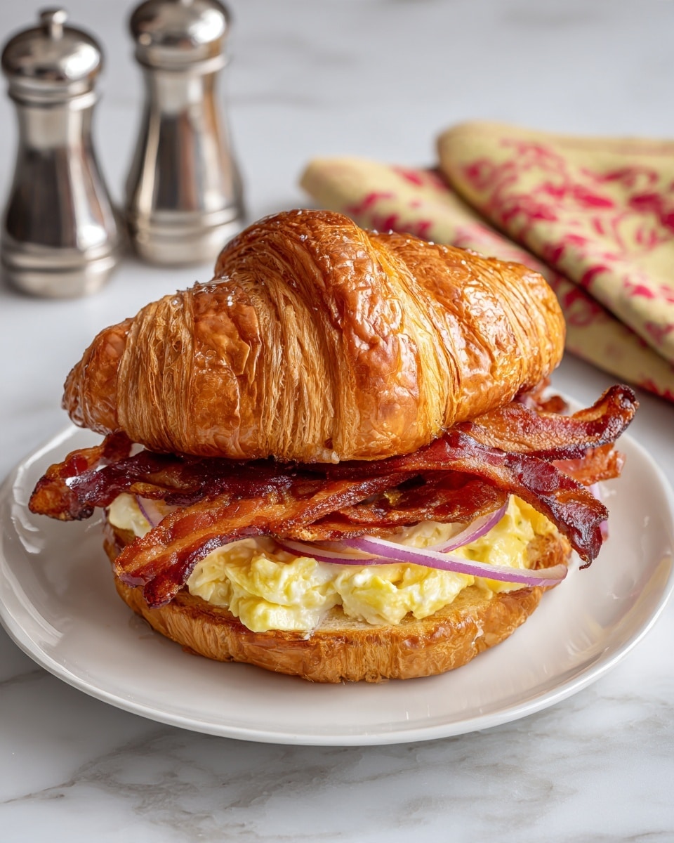 A golden brown, flaky croissant serves as the sandwich’s top and bottom layers, with two crispy bacon strips extending out on either side. Inside, there are thinly sliced red onions that show soft purple and white rings, and a layer of scrambled eggs, light yellow and fluffy, peeking out beneath the onions. The sandwich is neatly placed on a clean white plate set on a white marbled surface; in the background, a patterned cloth and a pair of silver salt and pepper shakers are slightly visible. photo taken with an iphone --ar 4:5 --v 7
