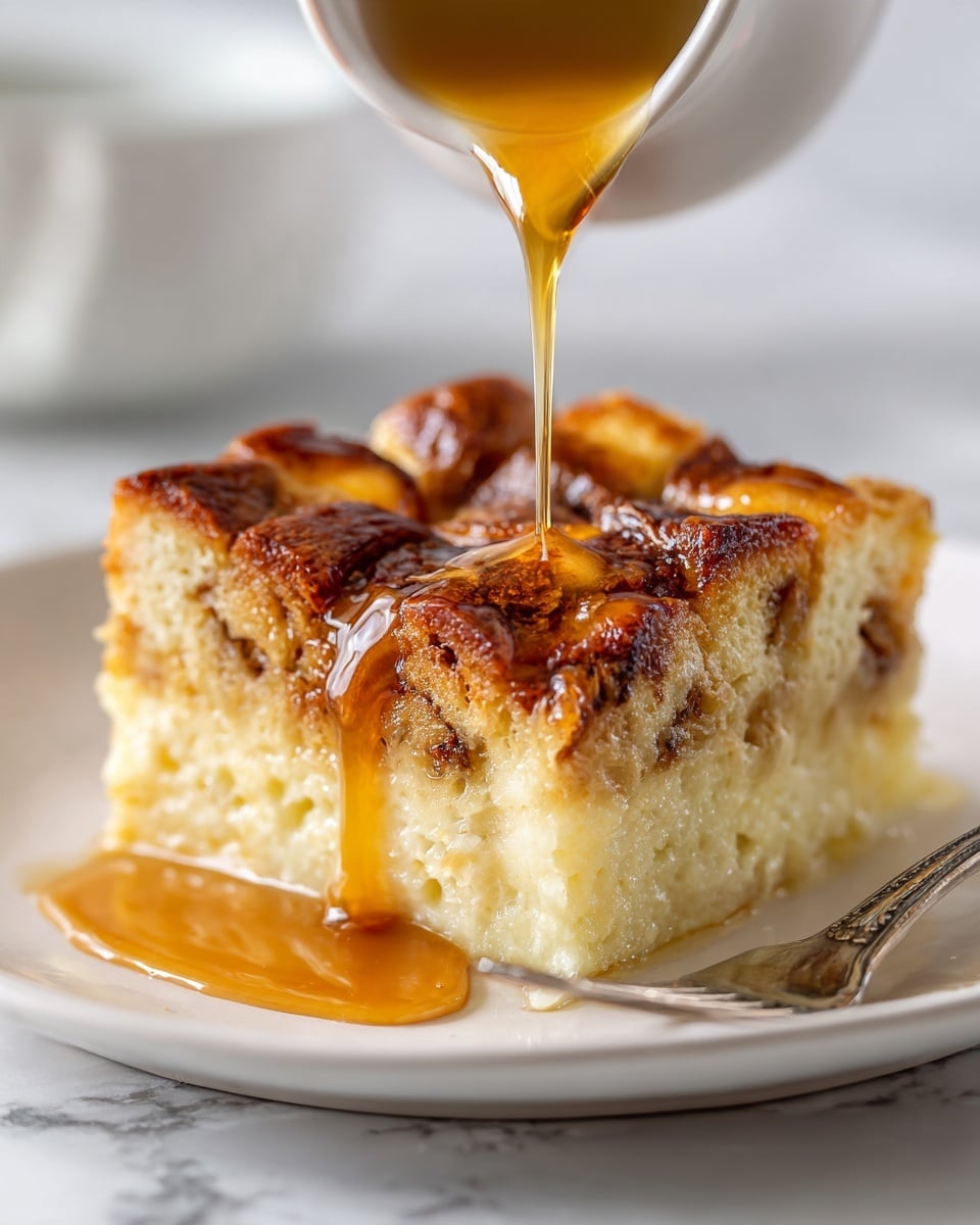 A close-up of a square piece of bread pudding on a white plate, showing a golden-brown top layer with a slightly textured and baked surface. The bread pudding has one thick layer with a soft, dense, and moist interior visible on the sides. A smooth caramel sauce is being poured on top from above, creating a glossy coating in the center of the pudding. The plate rests on a white marbled surface, and there is a fork placed near the top edge of the plate. Photo taken with an iphone --ar 4:5 --v 7