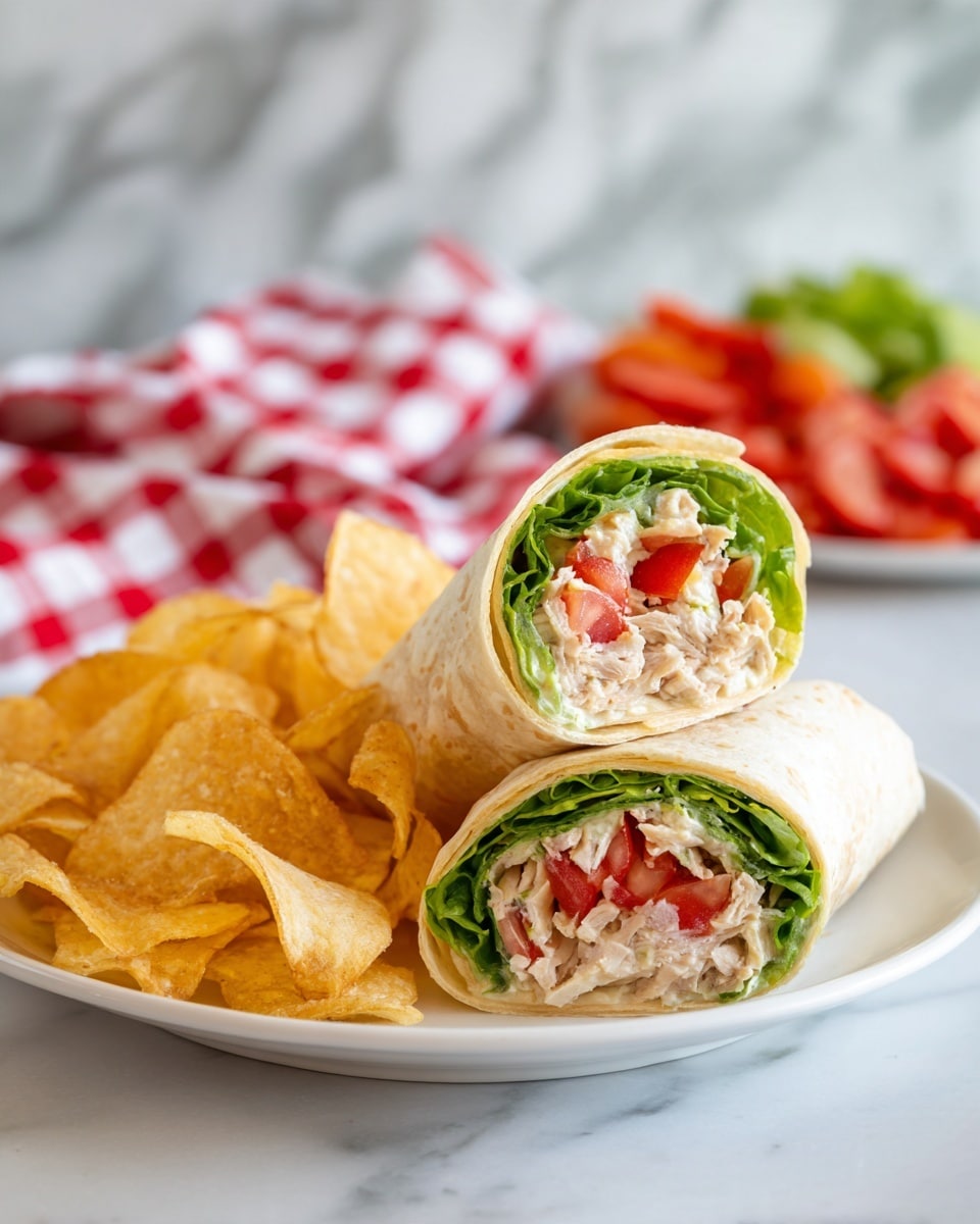 The image shows two wrap sandwiches cut in half on a white plate, placed on a white marbled texture surface. Each wrap has three visible layers: the soft, lightly browned tortilla on the outside, a middle layer of light green leaf lettuce, and an inner layer filled with shredded light-colored chicken and bright red tomato slices. Next to the wraps is a small pile of golden, crispy potato chips. In the background, there is a blurred wooden cutting board with chopped lettuce, sliced cherry tomatoes, and shredded cheese, along with a red and white checkered cloth. Photo taken with an iphone --ar 4:5 --v 7