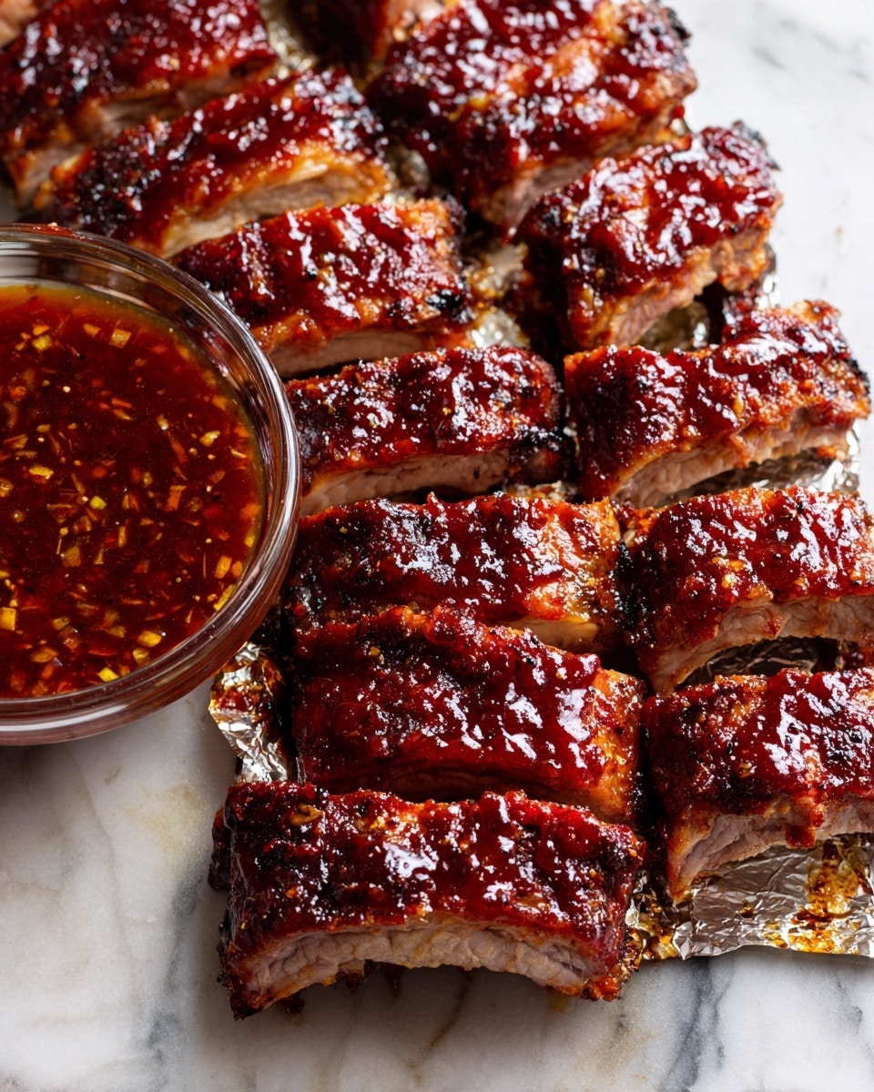 A white tray lined with silver foil holds two rows of sticky glazed ribs, eight pieces in total. The ribs have a rich, dark reddish-brown glaze that looks shiny and slightly caramelized, with some charred edges and visible small bits of seasoning. To the top left of the ribs, a clear round glass bowl contains a thick dark sauce with small chunks inside, likely used for dipping. The whole scene is set on a white marbled texture, creating a clean and bright contrast with the deep colors of the ribs and sauce. photo taken with an iphone --ar 4:5 --v 7