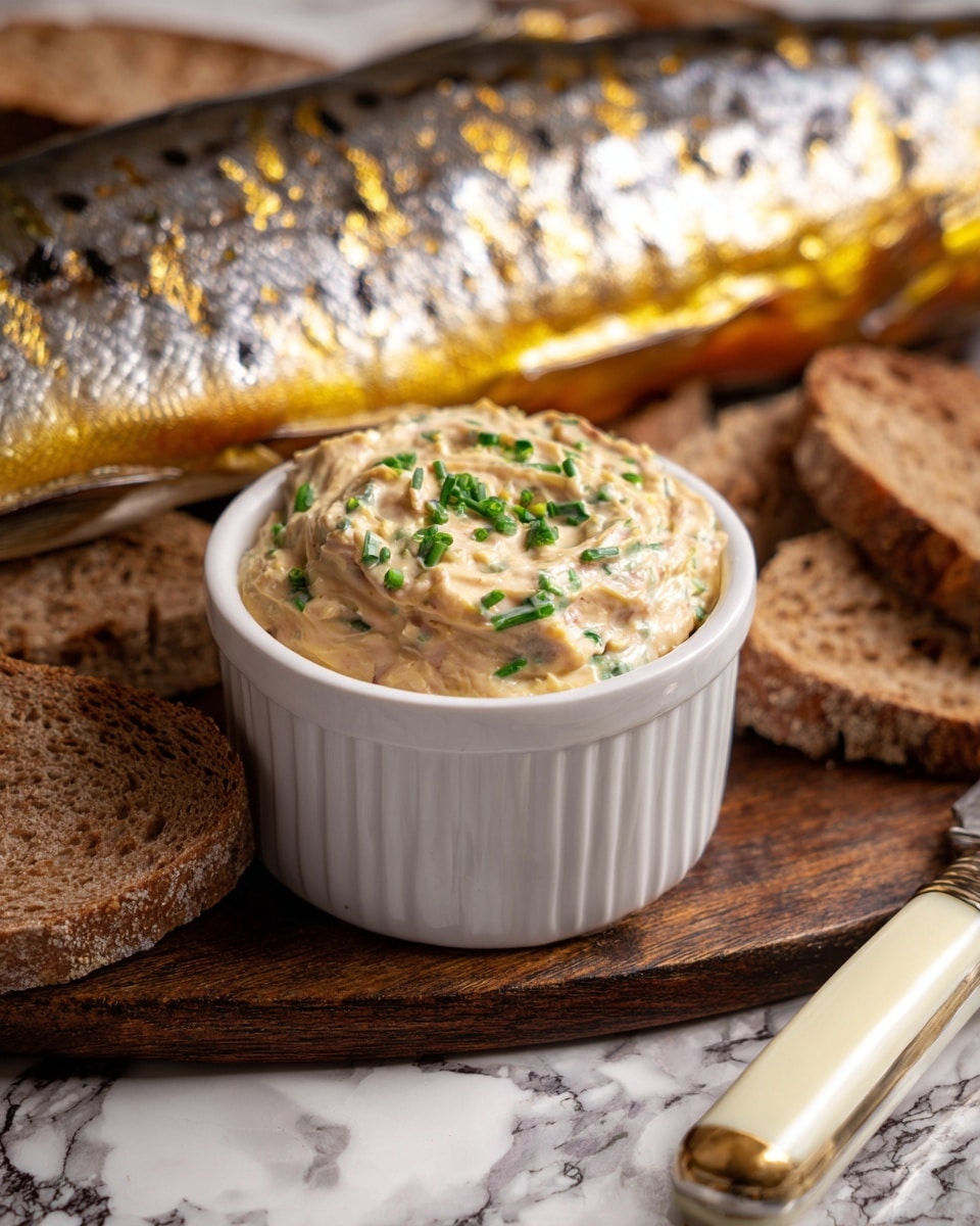 A white ridged ramekin filled with creamy fish spread mixed with small pieces of green herbs, giving a soft textured appearance with white and green colors. The ramekin sits on a dark wooden surface with slices of brown whole grain bread scattered around it. A piece of golden smoked fish lies behind the ramekin, showing shiny, slightly wrinkled skin with dark stripes. A knife with a pale yellow handle and silver tip lies near the ramekin on the right side. The background is a white marbled texture. photo taken with an iphone --ar 4:5 --v 7
