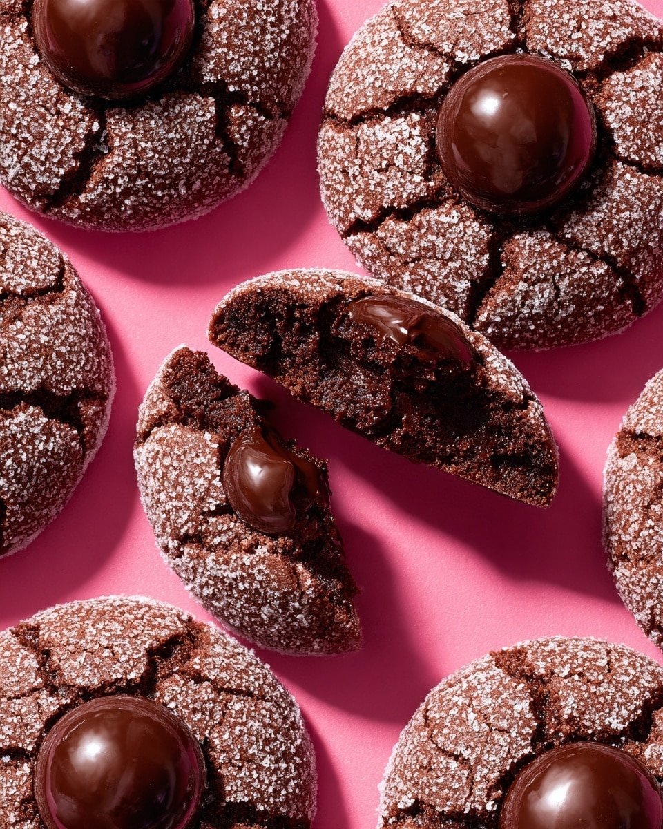The image shows several dark brown chocolate cookies covered in sugar crystals, arranged closely together on a white marbled surface. Each cookie has a smooth, shiny milk chocolate kiss placed in the center, with one cookie broken open revealing a soft, moist, and dense inside. The texture of the cookies is slightly cracked on the surface. Photo taken with an iphone --ar 4:5 --v 7