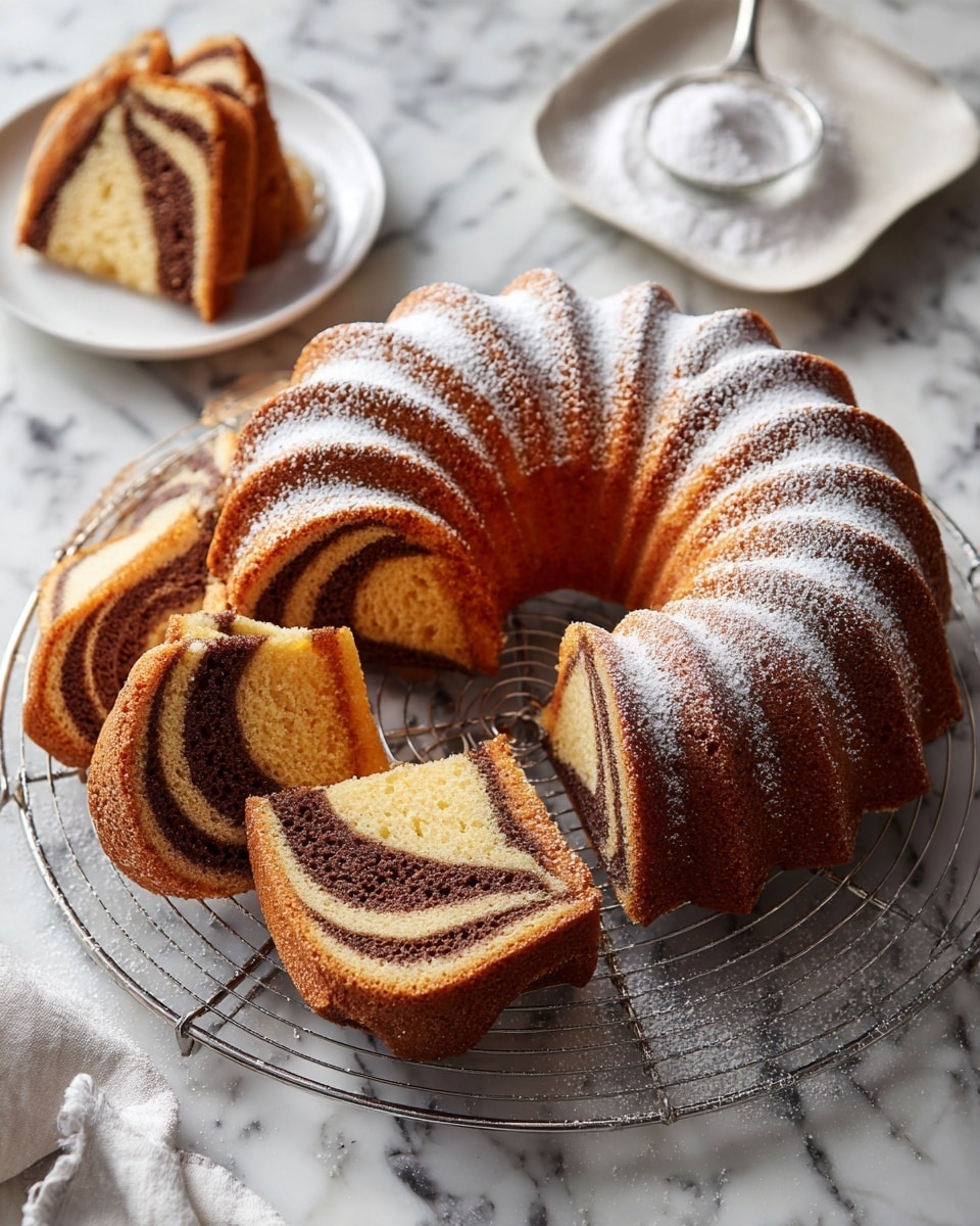 A round marble cake is shown on a black cooling rack, dusted lightly with powdered sugar. The cake has two visible layers swirling inside: one is a warm brown color and the other is a darker, chocolate brown, creating a marble effect. Several slices have been cut from the cake, revealing the two-tone swirl pattern inside. Nearby, a white bowl contains some powdered sugar. The background features a white marbled texture. Photo taken with an iphone --ar 4:5 --v 7