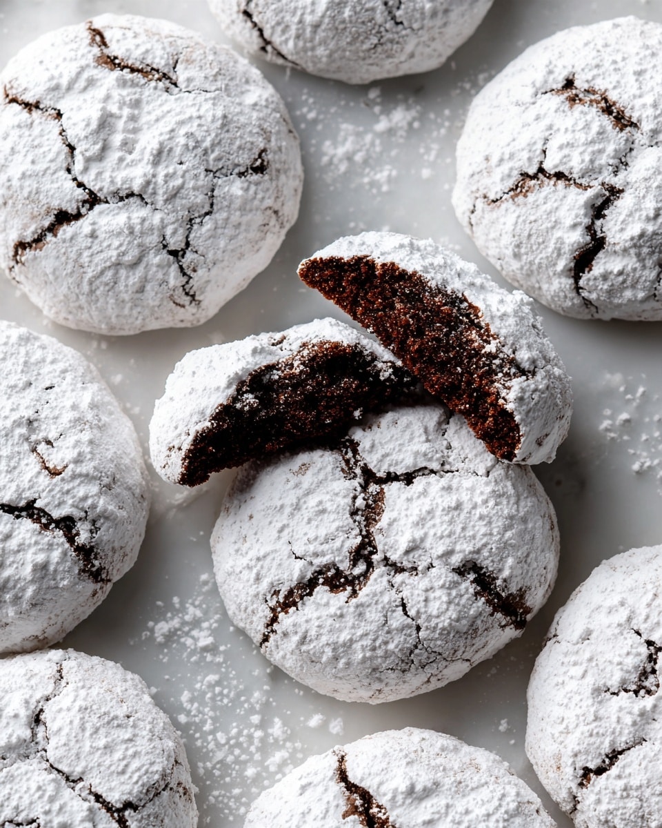 The image shows several round chocolate crinkle cookies scattered on a white marbled surface. Each cookie has a dark brown base with a thick layer of cracked white powdered sugar on top, creating a rough textured pattern with visible cracks revealing the darker chocolate underneath. One cookie in the center is broken into two pieces, showing a soft, moist inside of dark brown color. Crumbs and flattened bits of powdered sugar are scattered around the cookies, enhancing the rustic look. photo taken with an iphone --ar 4:5 --v 7