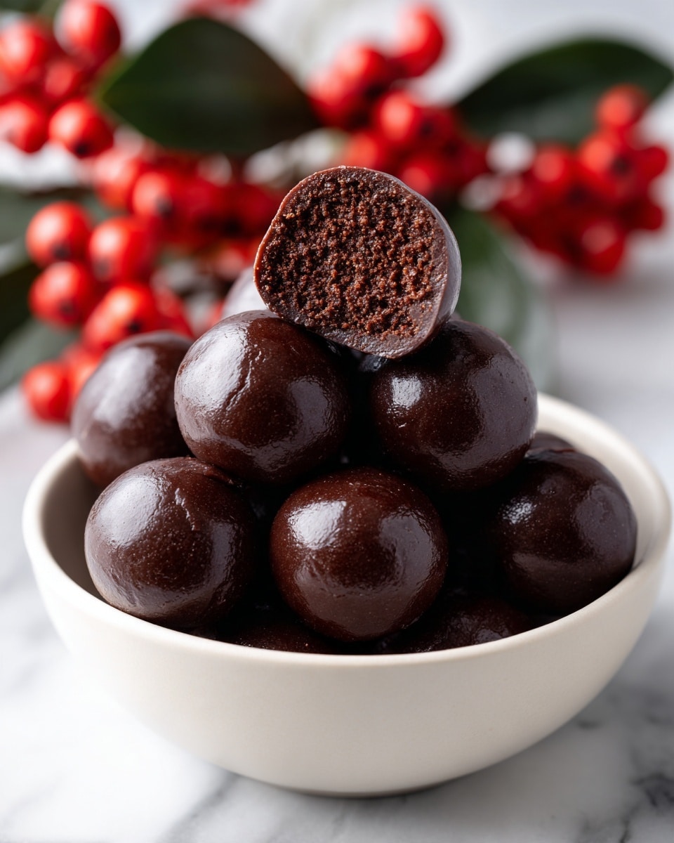 A small pile of round, dark chocolate balls with smooth, shiny coating sits in a white bowl, arranged in a slightly uneven heap. One chocolate ball on top is cut open, showing a dense, rich, and slightly crumbly brown filling inside, contrasting with the glossy outer shell. The bowl rests on a white marbled surface with a blurred background that includes a bunch of bright red berries and dark green leaves on a stem. Photo taken with an iphone --ar 4:5 --v 7