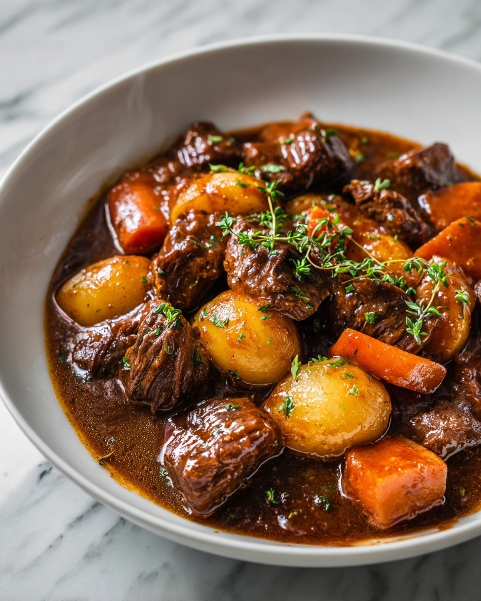 The image shows a close-up of a rich beef stew served in a white bowl, filled with chunks of tender brown beef, bright orange carrot pieces, and golden yellow potato chunks, all coated in a thick, glossy dark brown sauce. Small green herbs are sprinkled on top, adding a touch of freshness and color contrast. The bowl sits on a white marbled surface, with steam rising slightly, making the dish look warm and hearty. Photo taken with an iphone --ar 4:5 --v 7