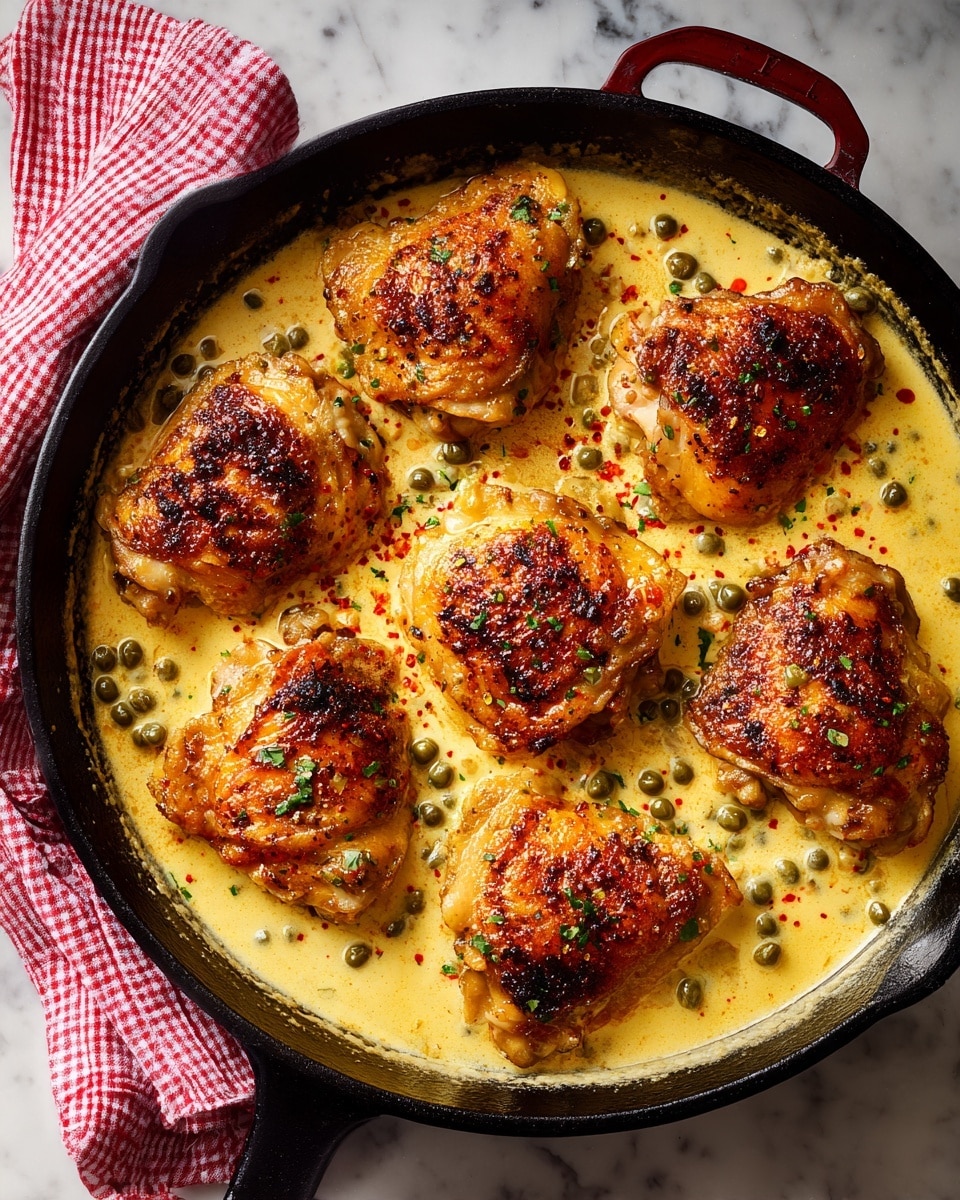 A black cast iron pan filled with seven pieces of browned chicken thighs sitting in a thick, creamy yellow sauce that looks smooth and slightly oily, sprinkled with small green capers and a light dusting of red spice on top. The chicken has a crispy, slightly charred texture on the surface, contrasting with the creamy sauce that covers the bottom half of each piece. A red and white checkered cloth is placed beside the pan on a white marbled texture surface. photo taken with an iphone --ar 4:5 --v 7