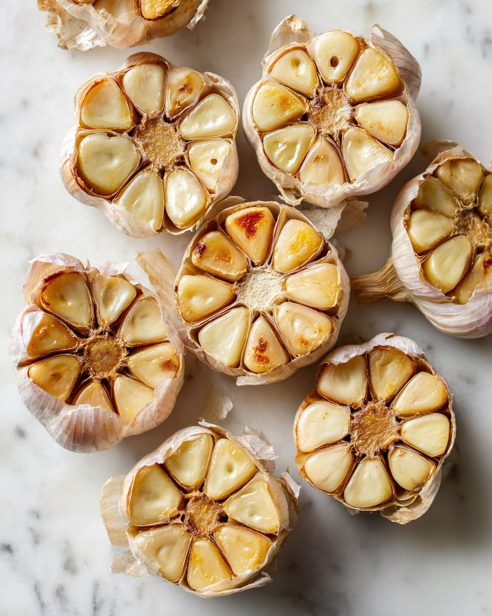 The image shows several bulbs of roasted garlic laid out closely on a white marbled surface. Each bulb is cut at the top, revealing multiple cloves inside, arranged in a circular pattern. The cloves have a roasted texture, with a soft, caramelized golden brown color, and some papery skin still attached, showing light beige and pale pink hues on the outer bulb layers. The garlic bulbs have a slightly wrinkled and dry look, contrasting with the smooth, shiny caramelized cloves inside. Photo taken with an iphone --ar 4:5 --v 7