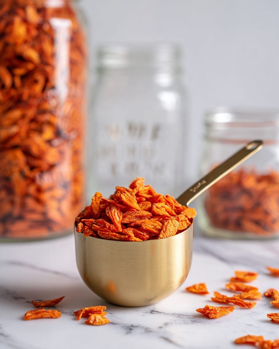 A close-up image showing a brass measuring cup filled with small, bright orange dried carrot pieces, spilling some onto a white marbled surface. Behind the cup, there is a clear glass jar filled with the same dried carrot pieces, and to the left, an empty clear glass jar is visible. The background is dark, making the bright orange of the dried carrot stand out clearly. Photo taken with an iphone --ar 4:5 --v 7