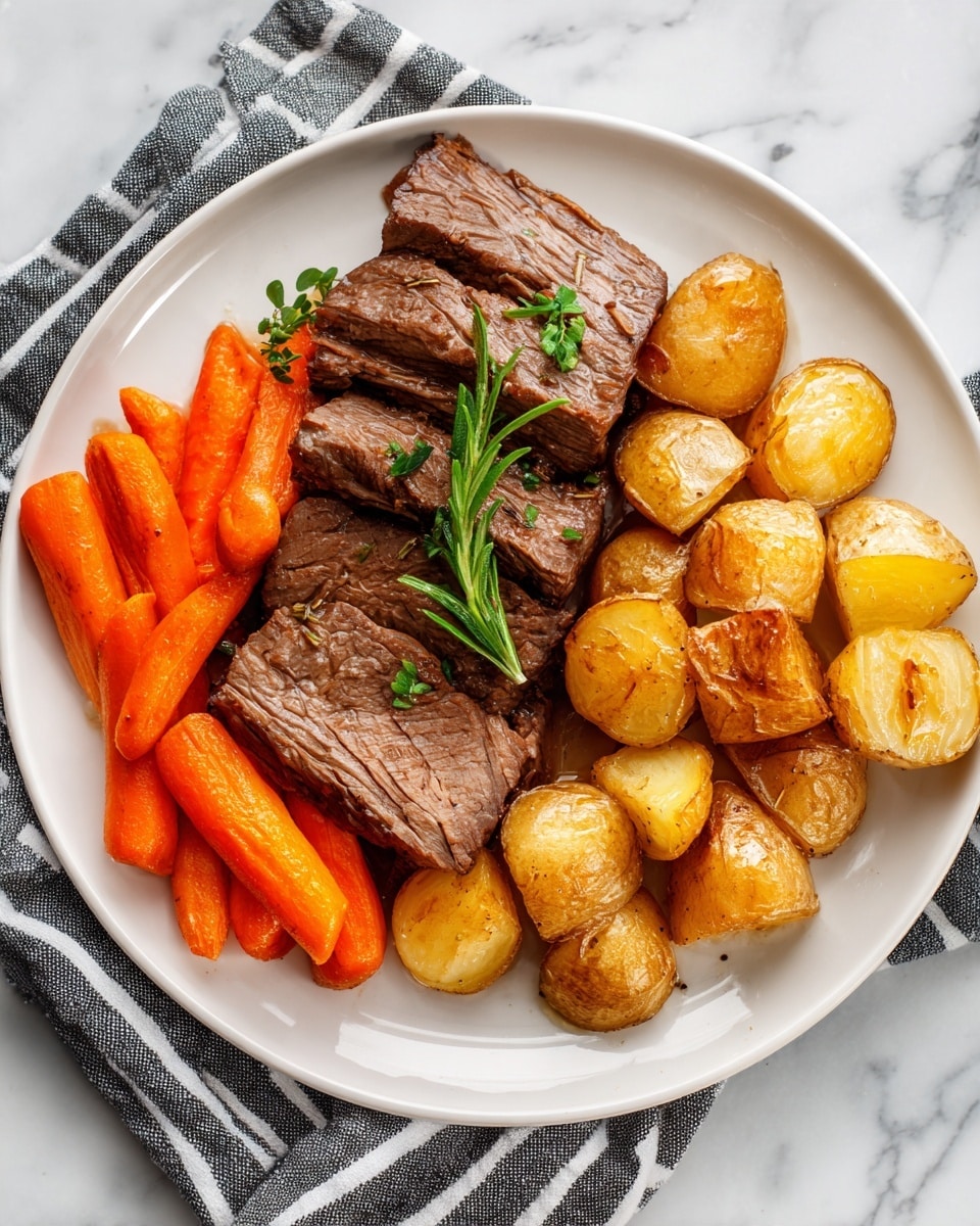 The image shows a white plate with three main layers of food. At the bottom, there are soft, brown roasted carrots cut into chunks. On top of them, there are thick pieces of dark brown, tender beef with shiny gravy covering the meat. Around the beef, there are golden brown roasted potato pieces placed on the left side of the plate. A few sprigs of fresh green herbs rest on top of the beef, adding color contrast. The plate is on a wooden table with a white and grey striped cloth near the plate. The photo taken with an iphone --ar 4:5 --v 7