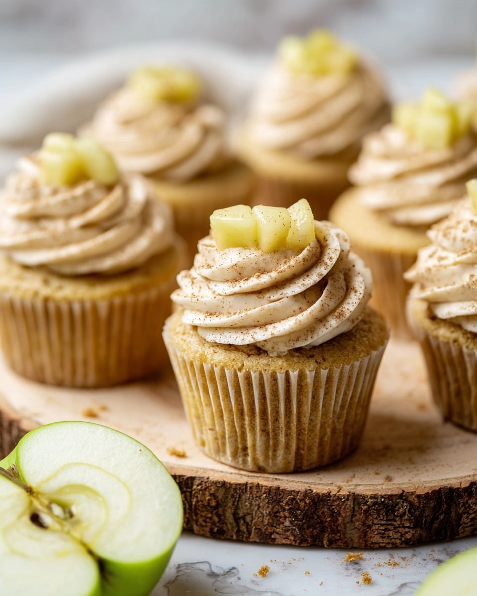 A group of yellow cupcakes with one main cupcake in front, each cupcake has a base layer of soft yellow cake and a thick swirl of light beige frosting sprinkled lightly with brown cinnamon powder on top, finished with shiny golden-yellow chunks of cooked fruit placed neatly in the center of the frosting. The cupcakes are arranged closely on a wooden round board with bark edges, scattered with a few crumbs, and a sliced green apple is partially visible at the bottom left, all set against a white marbled surface. Photo taken with an iphone --ar 4:5 --v 7