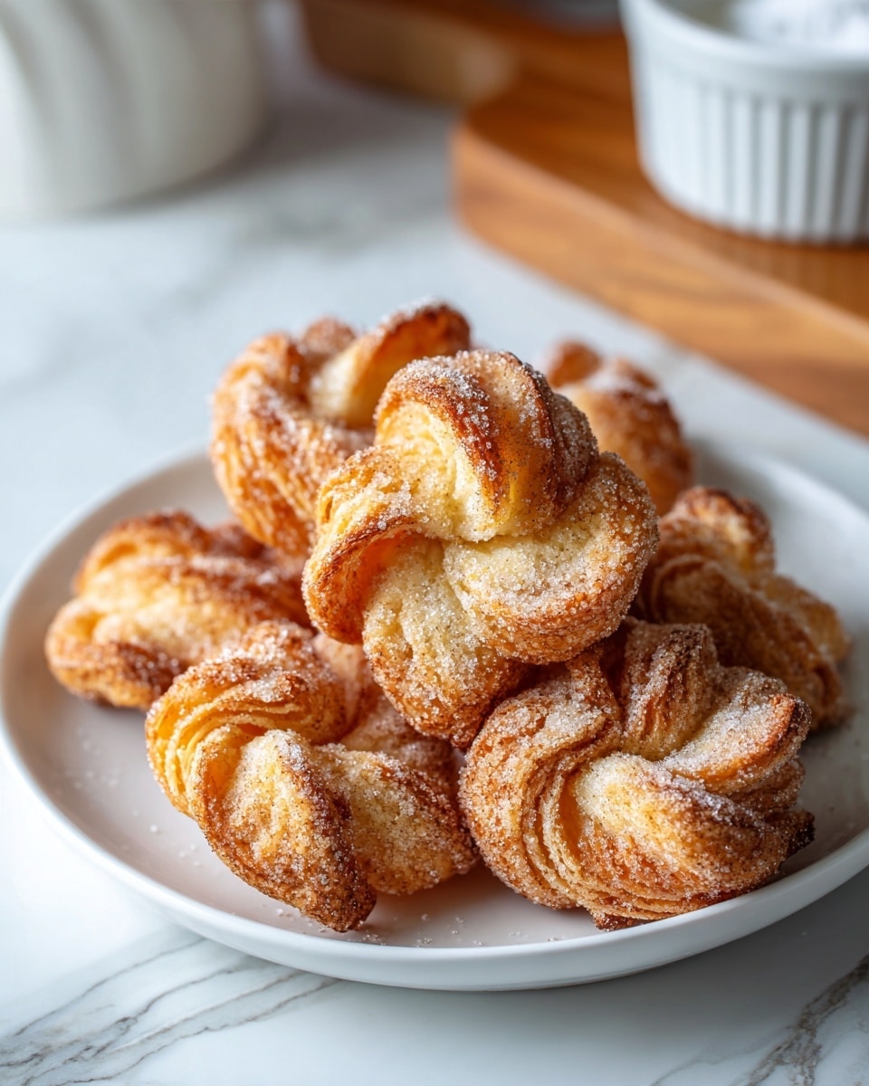 A ring of crispy, golden brown twisted flat pastry pieces dusted generously with cinnamon sugar sits on a white plate. Each piece has multiple thin, flaky layers folded over themselves creating a star-like texture, with the sugar topping giving a slight shimmer. The pastry looks light and crunchy with a soft creamy filling peeking through one broken piece. The plate rests on a white marbled surface, and a white ramekin with a light brown content is blurred in the background. photo taken with an iphone --ar 4:5 --v 7